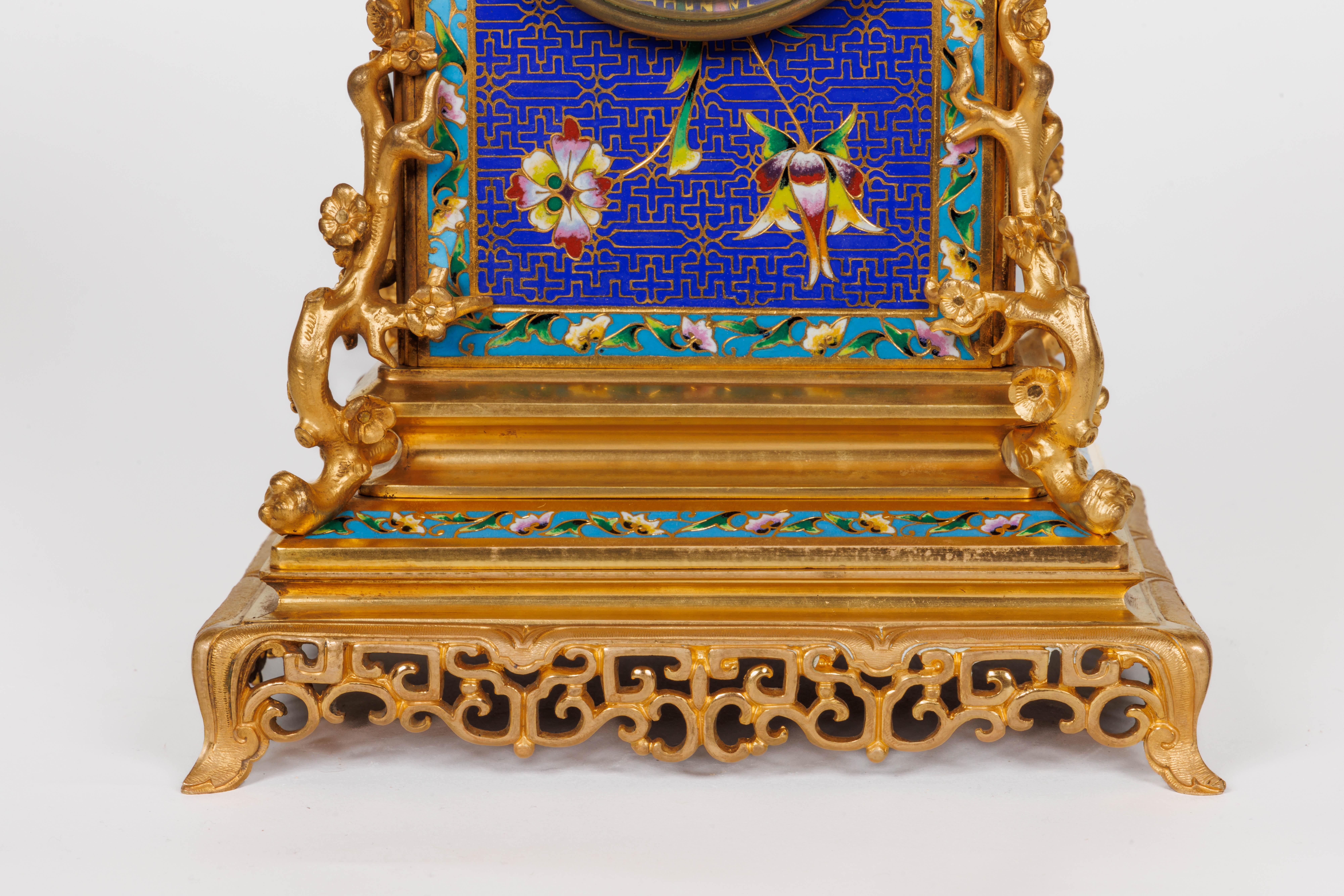 An Exceptional French Japonisme Ormolu and Champleve Enamel Five Piece Clock Set For Sale 5