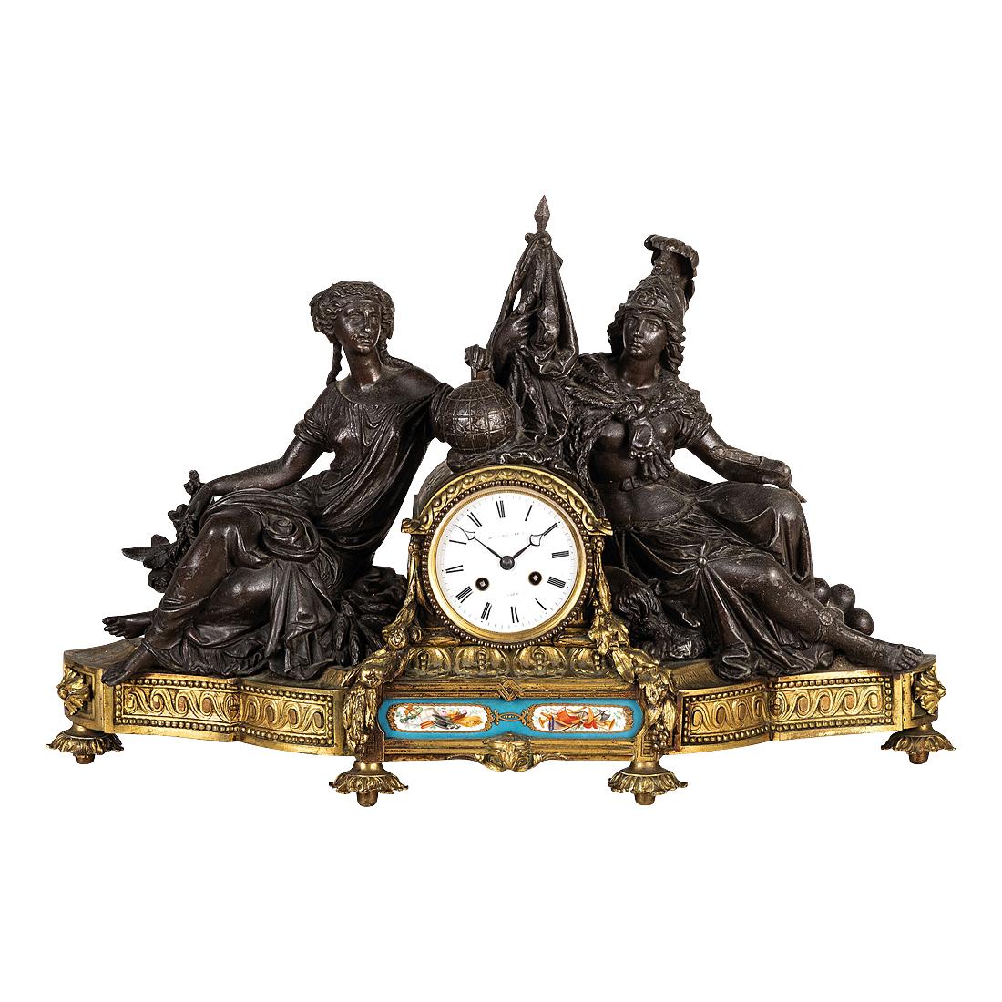 An Exceptional French Mid-19th Century Triptych Bronze Empire Mantel Clock For Sale 8