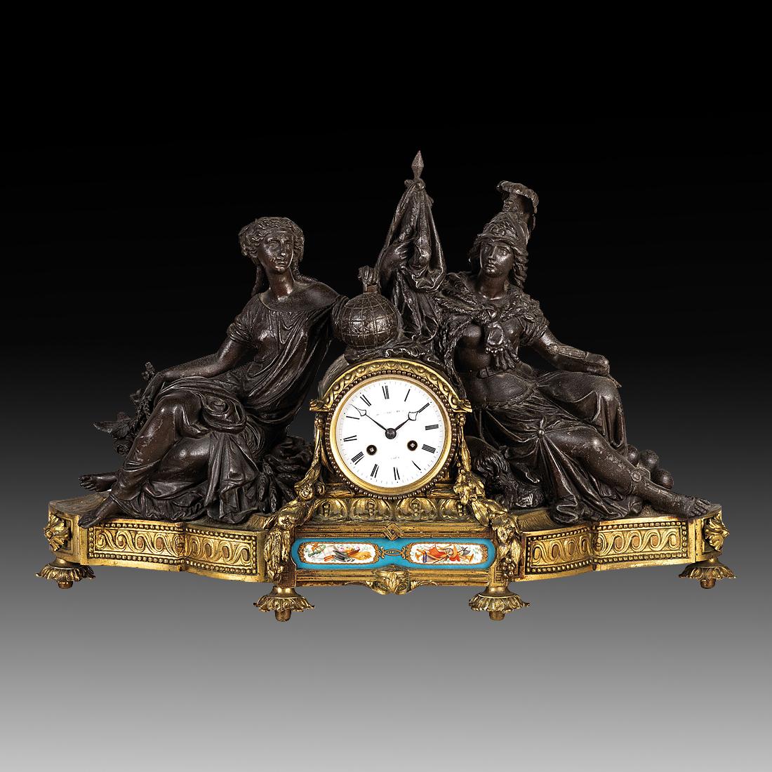 An Exceptional French Mid-19th Century Triptych Bronze Empire Mantel Clock In Fair Condition For Sale In London, GB