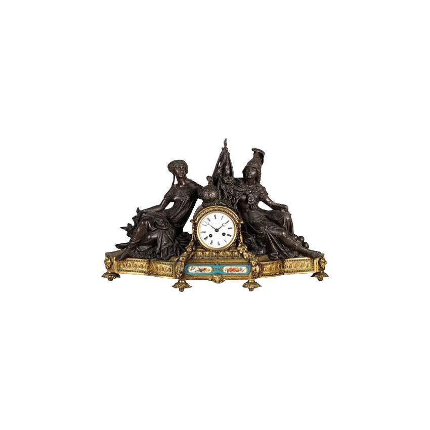 An Exceptional French Mid-19th Century Triptych Bronze Empire Mantel Clock For Sale 6