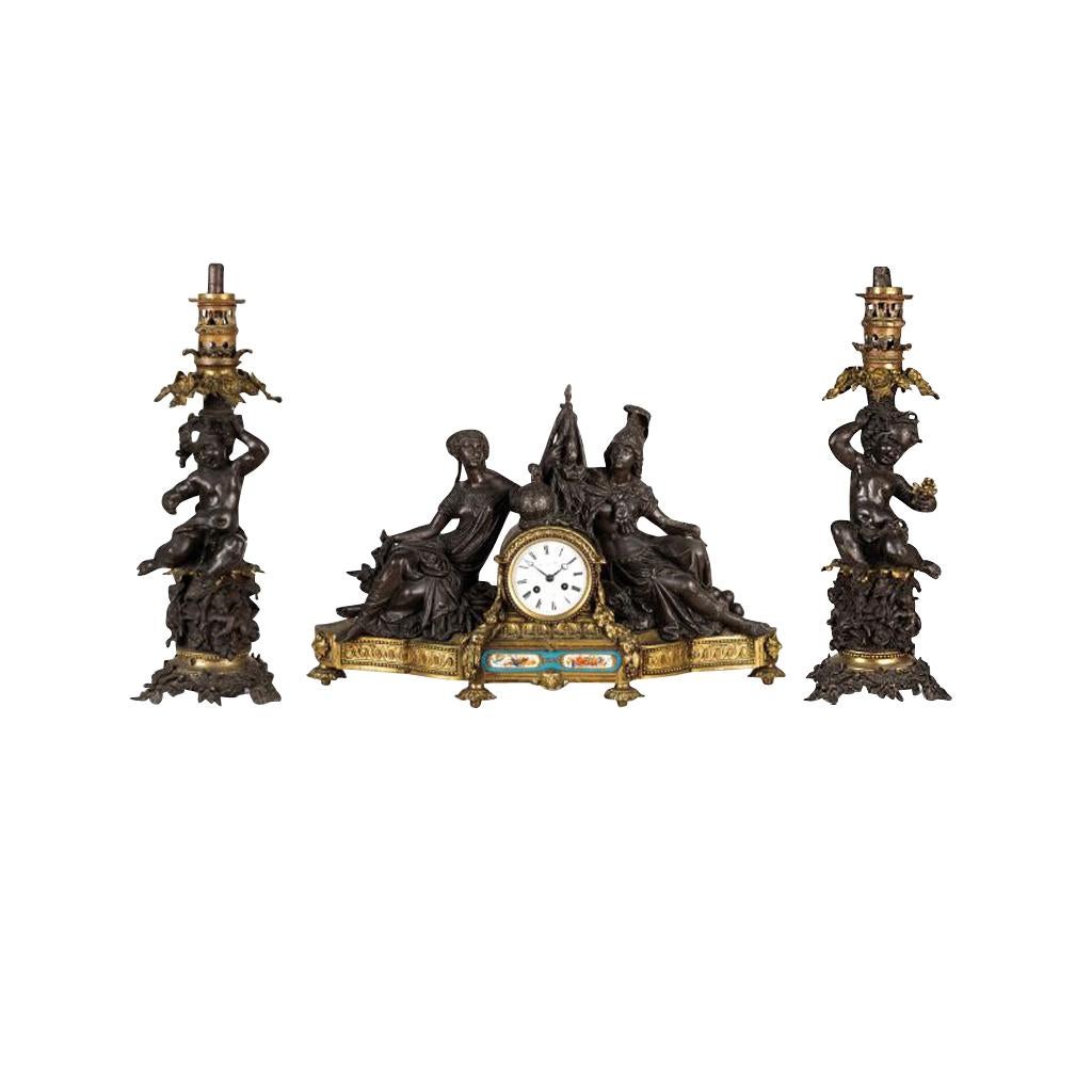 An Exceptional French Mid-19th Century Triptych Bronze Empire Mantel Clock For Sale 7