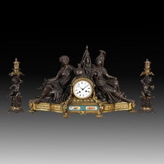 An Exceptional French Mid-19th Century Triptych Bronze Empire Mantel Clock