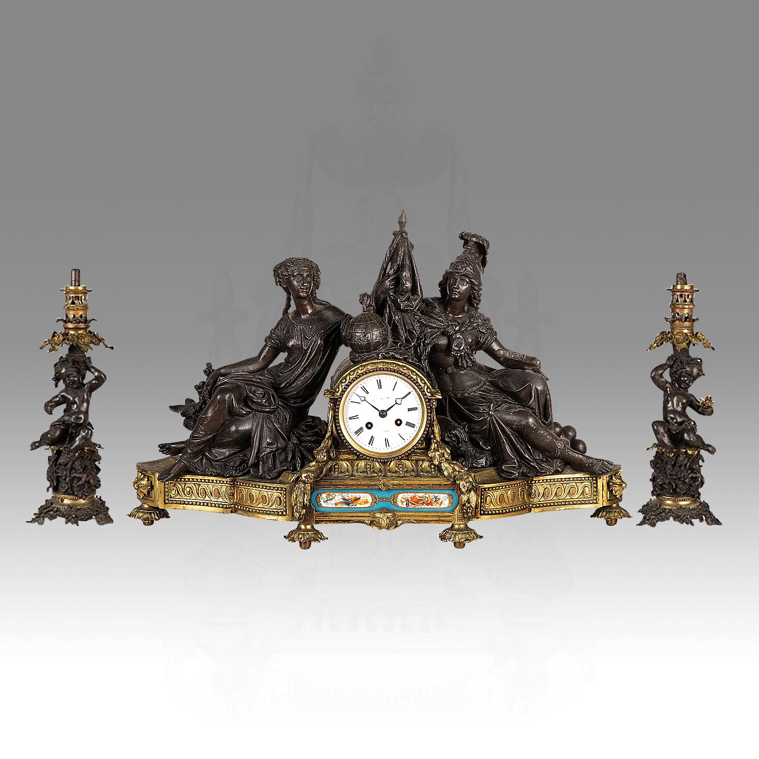 An Exceptional French Mid-19th Century Triptych Bronze Empire Mantel Clock For Sale 3