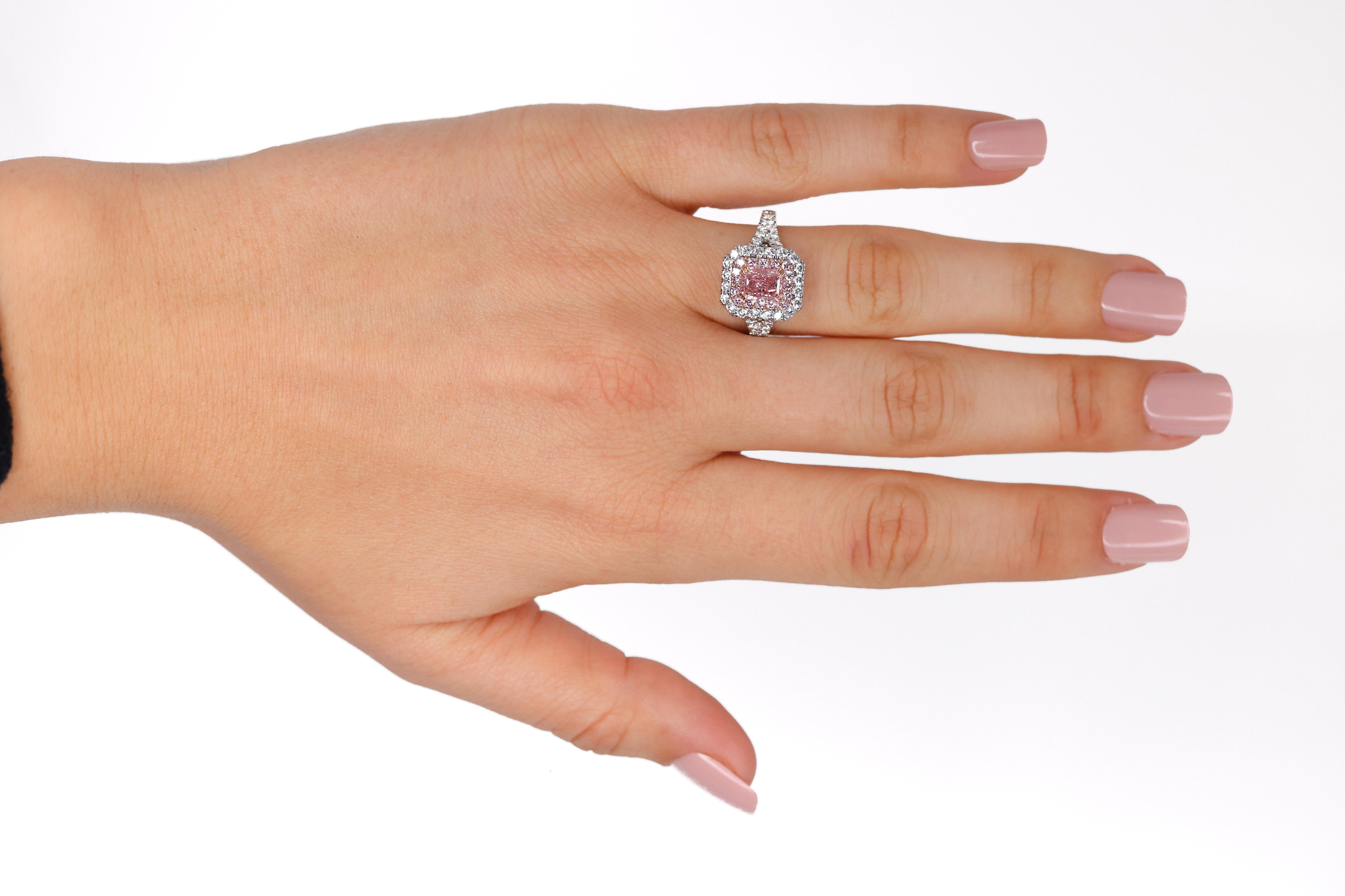 Modern Exceptional GIA Certified Radiant 0.77 Carat Fancy Intense Pink Diamond Ring For Sale