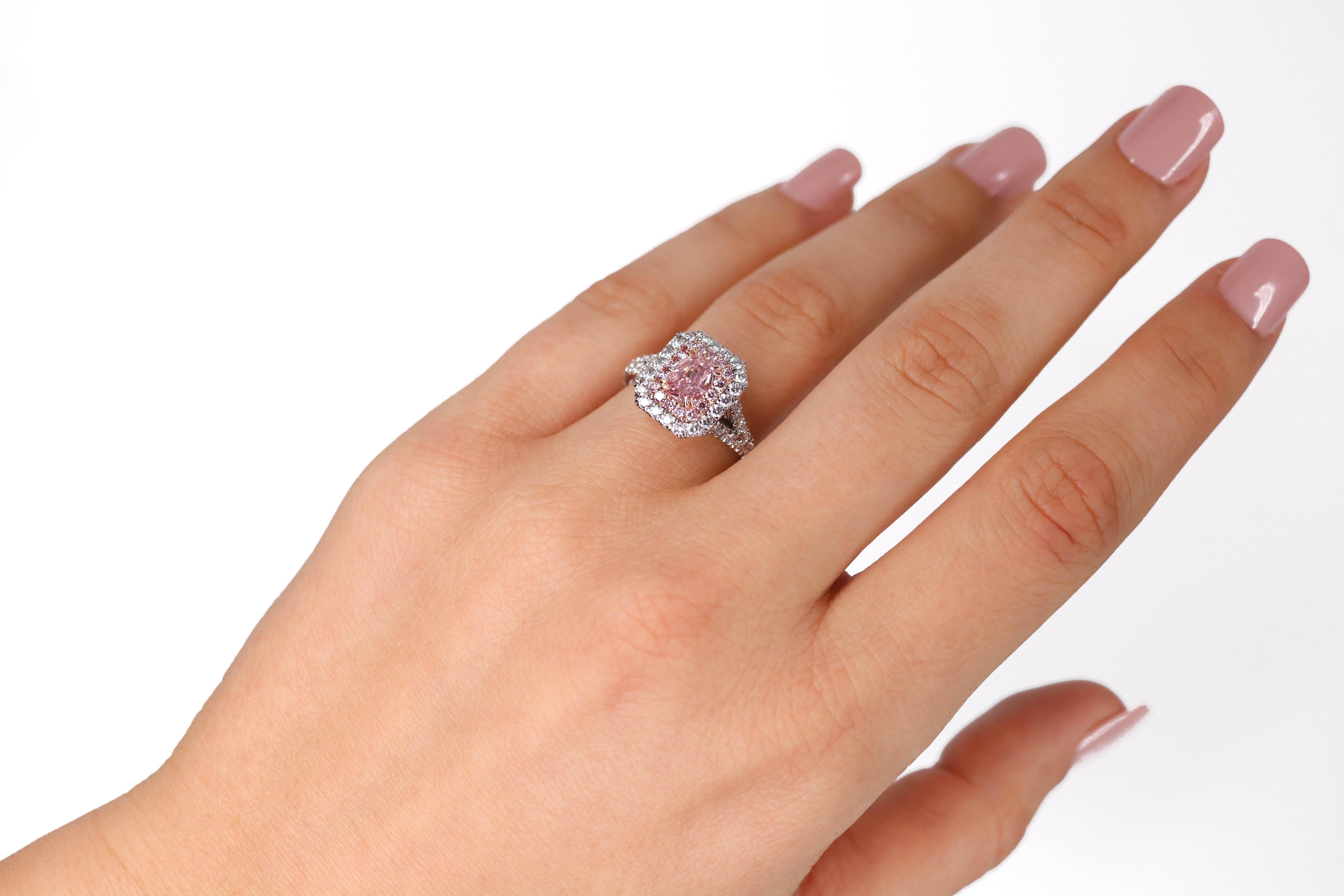Radiant Cut Exceptional GIA Certified Radiant 0.77 Carat Fancy Intense Pink Diamond Ring For Sale