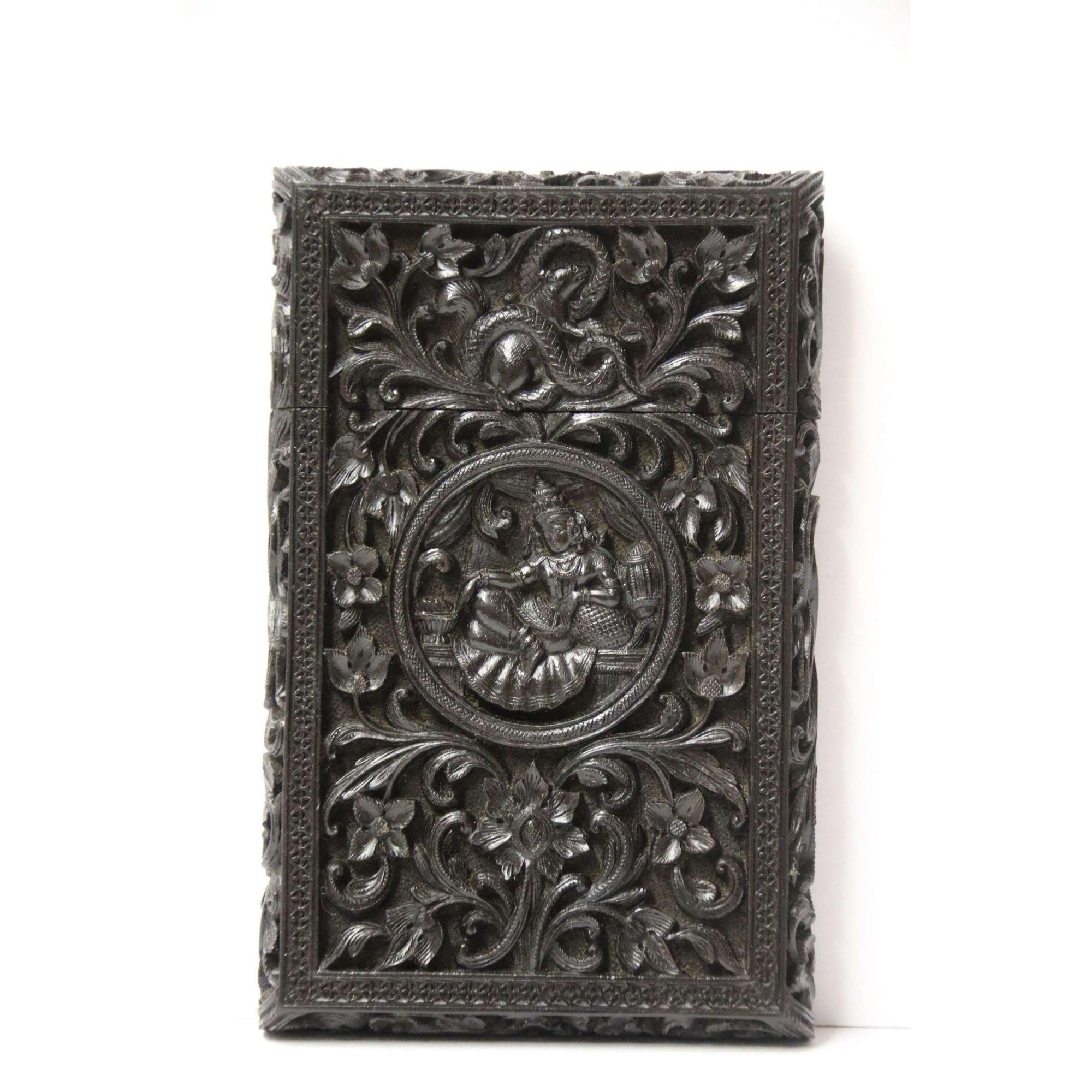 Exceptional Indian Raj Period Carved Ebony Calling Card Case 13