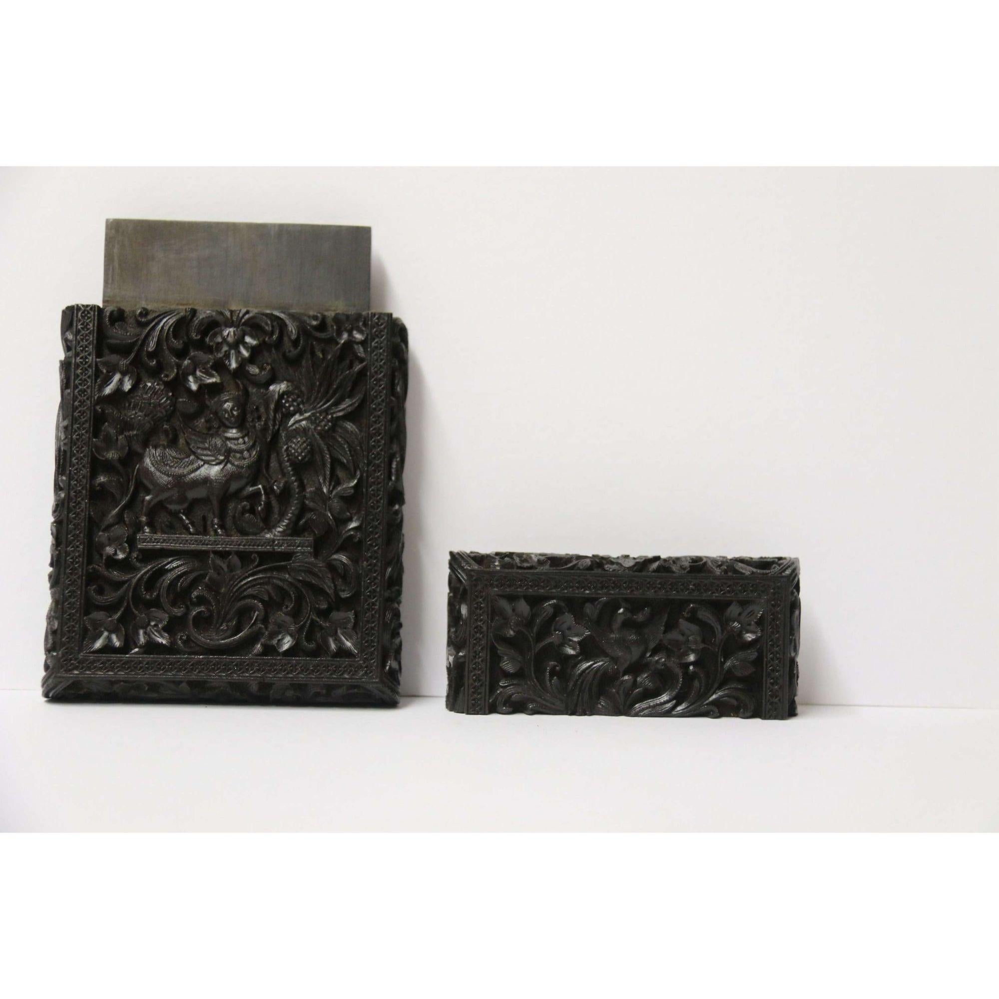 19th Century Exceptional Indian Raj Period Carved Ebony Calling Card Case