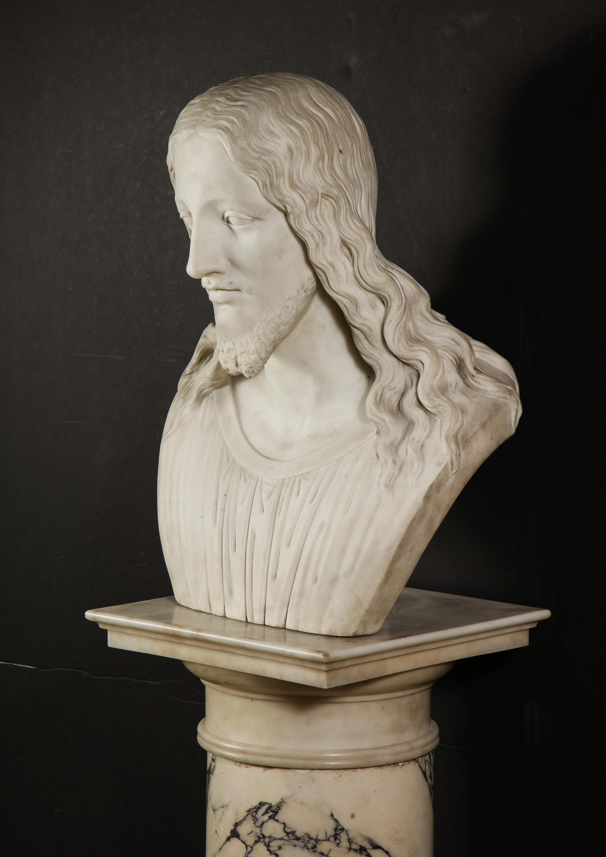 Exceptional Italian Carved White Marble Bust of Jesus Christ, circa 1860 In Good Condition In New York, NY