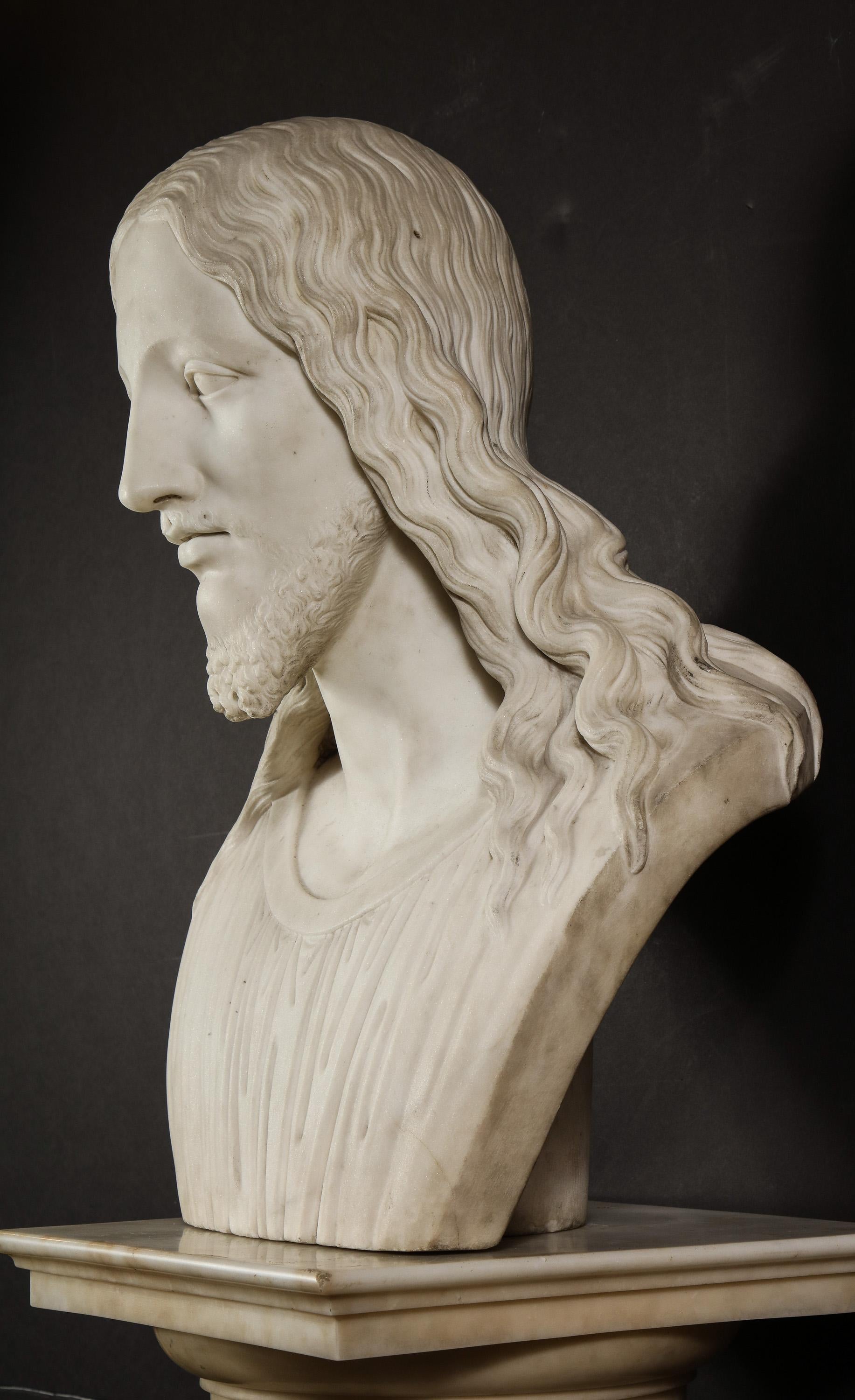 19th Century Exceptional Italian Carved White Marble Bust of Jesus Christ, circa 1860