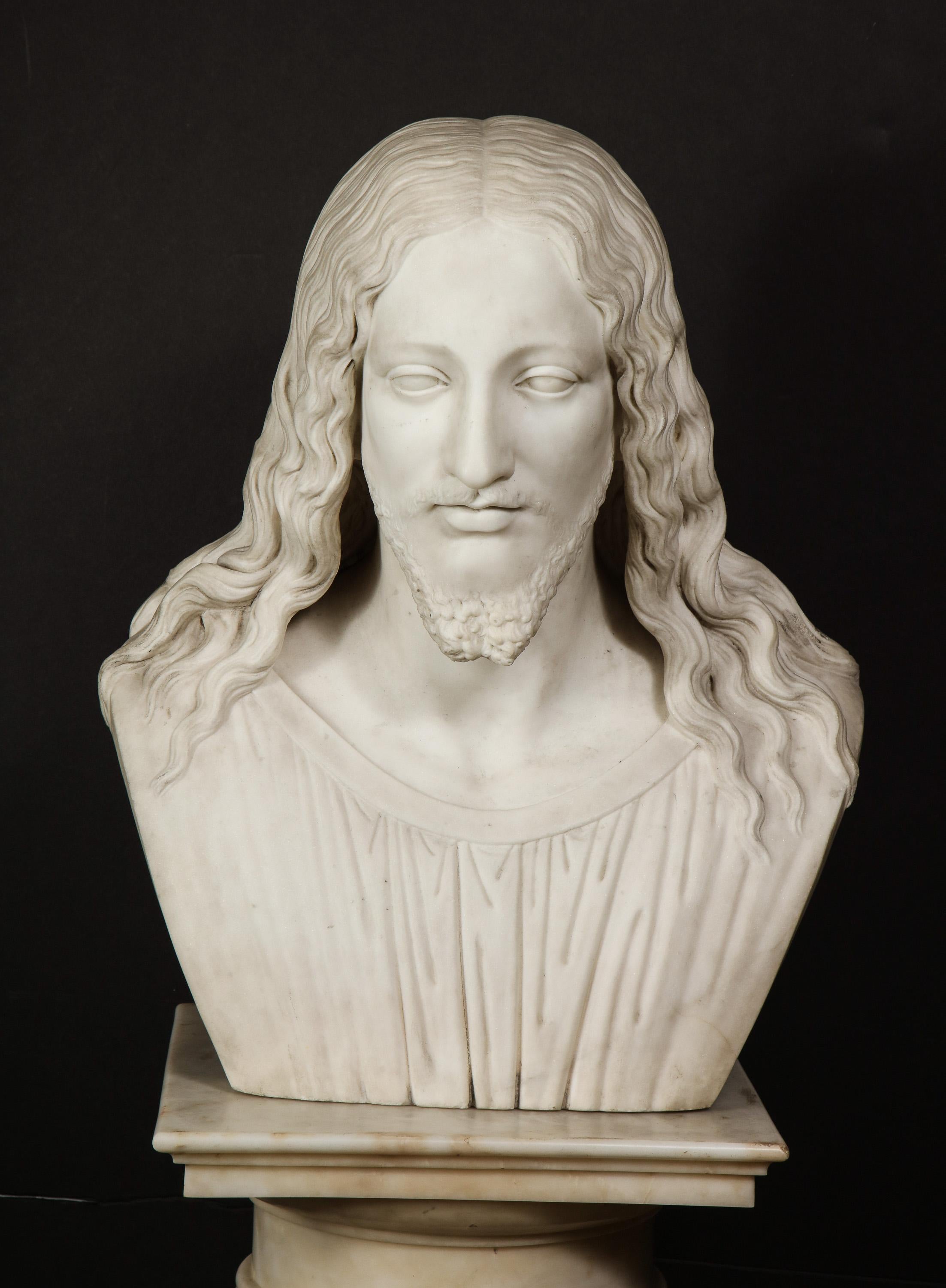 An exceptional carved Italian white marble bust of Jesus Christ, circa 1860

Of extremely high quality, comes with white marble pedestal.

Fantastic details like the anatomy, face, beard, eyes, hair and perfect stillness.

A true masterpiece!