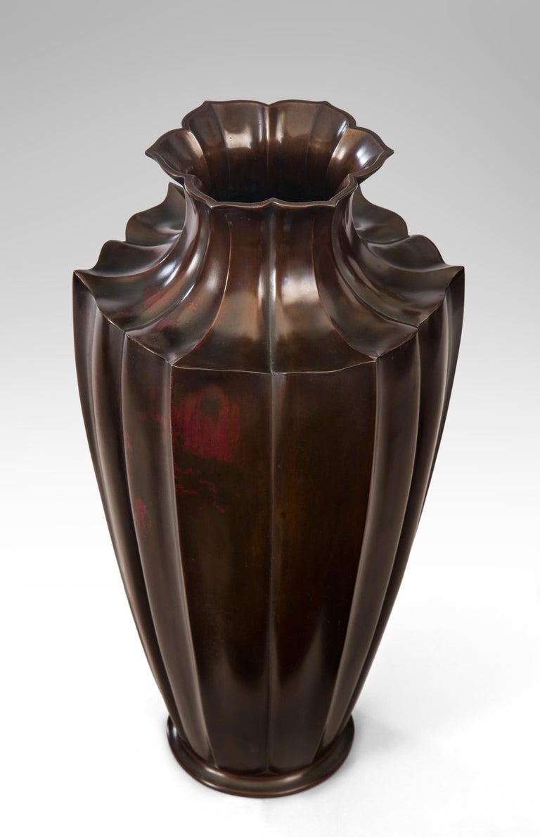 Exceptional Japanese Patinated Bronze Lotus Flower Vase at