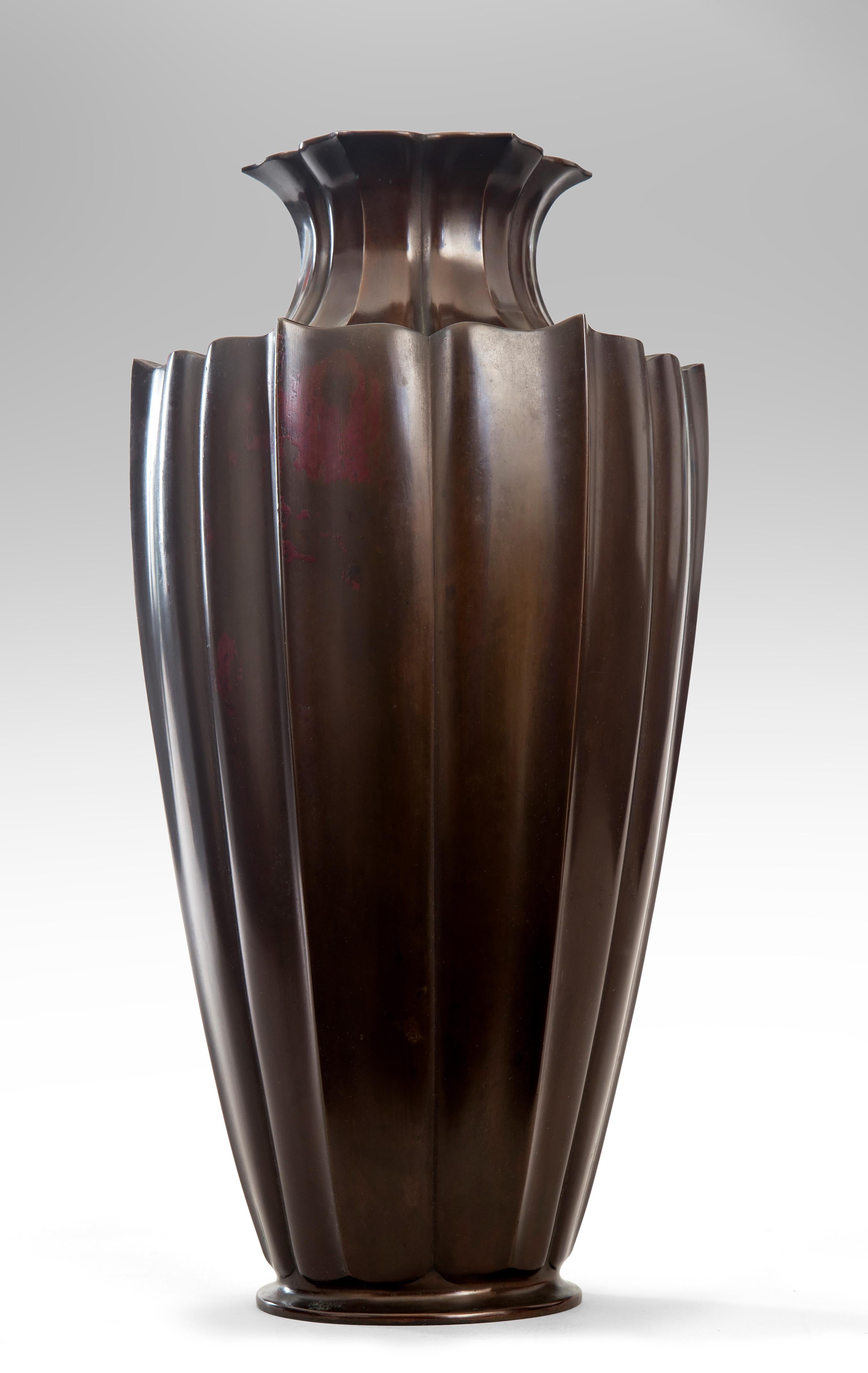 Meiji Exceptional Japanese Patinated Bronze Lotus Flower Vase