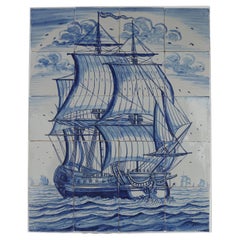 Used Exceptional Large Dutch Delft Tile Panel of a Dutch Warship, C. 1810