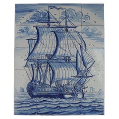 Antique Exceptional Large Dutch Delft Tile Panel of a Dutch Warship, C. 1810