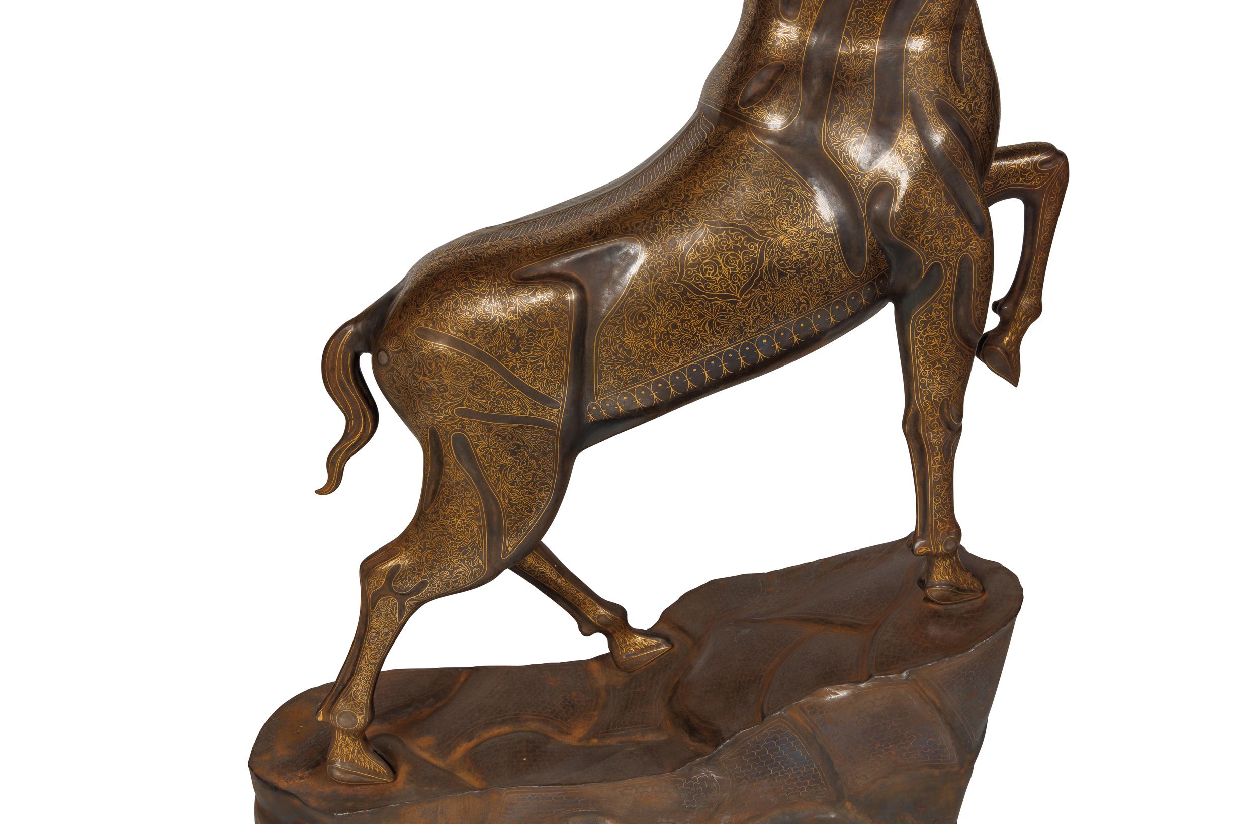An Exceptional Life-Size Middle Eastern Gold-Inlaid Steel Deer Sculpture For Sale 5