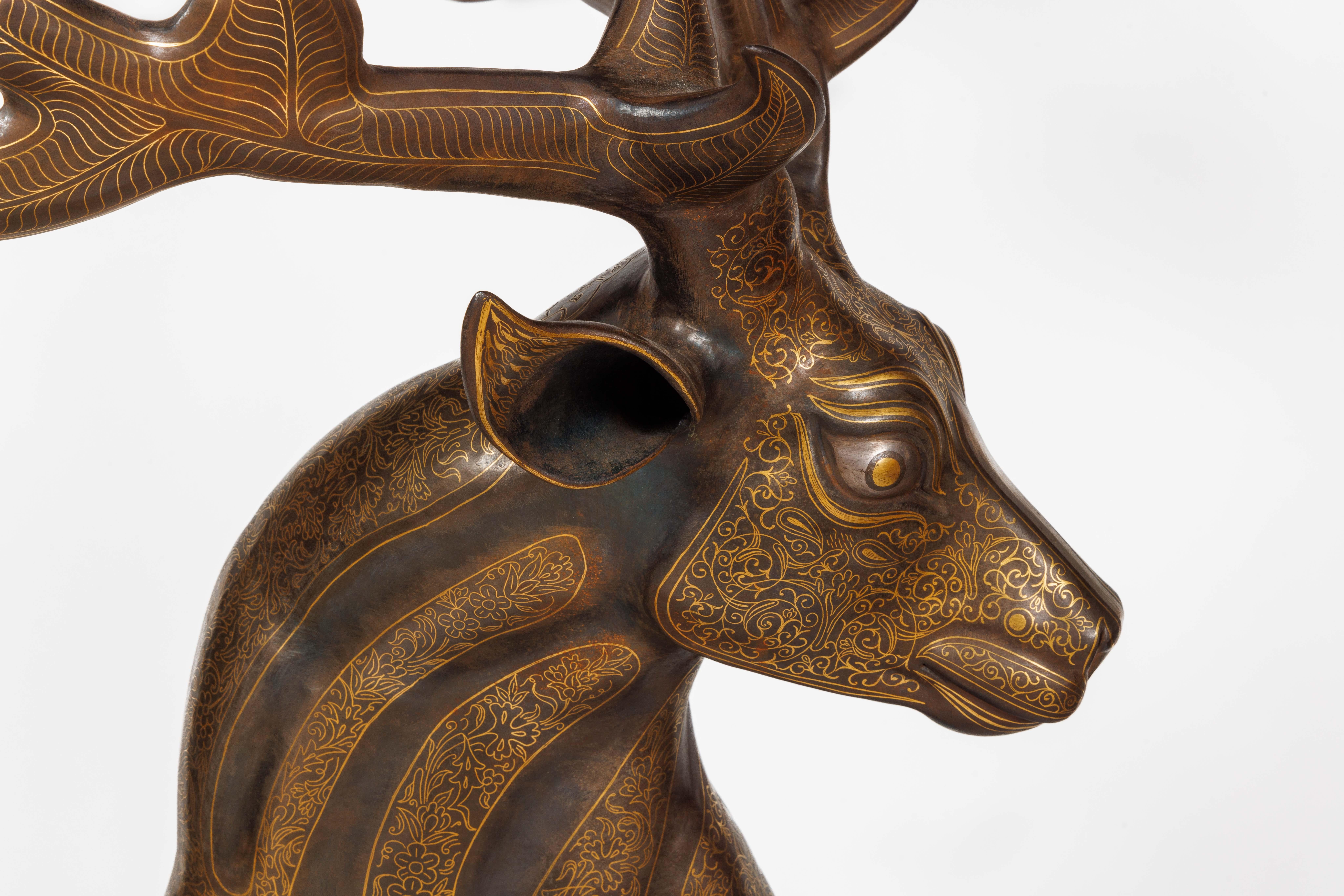 An Exceptional Life-Size Middle Eastern Gold-Inlaid Steel Deer Sculpture For Sale 8
