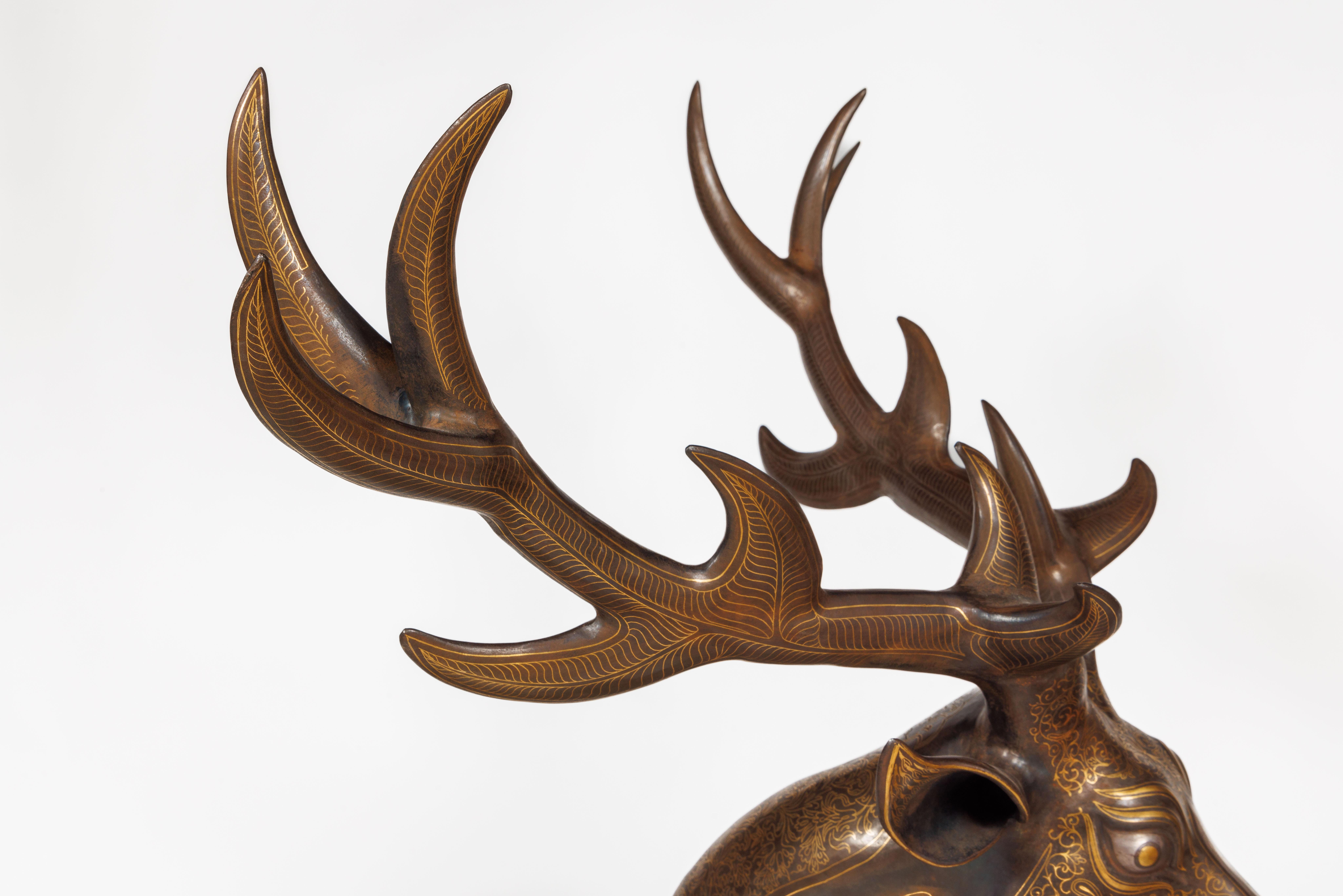 An Exceptional Life-Size Middle Eastern Gold-Inlaid Steel Deer Sculpture For Sale 9