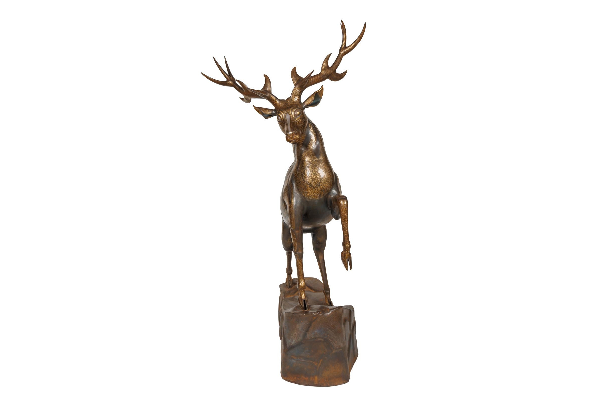 An Exceptional Life-Size Middle Eastern Gold-Inlaid Steel Deer Sculpture For Sale 11