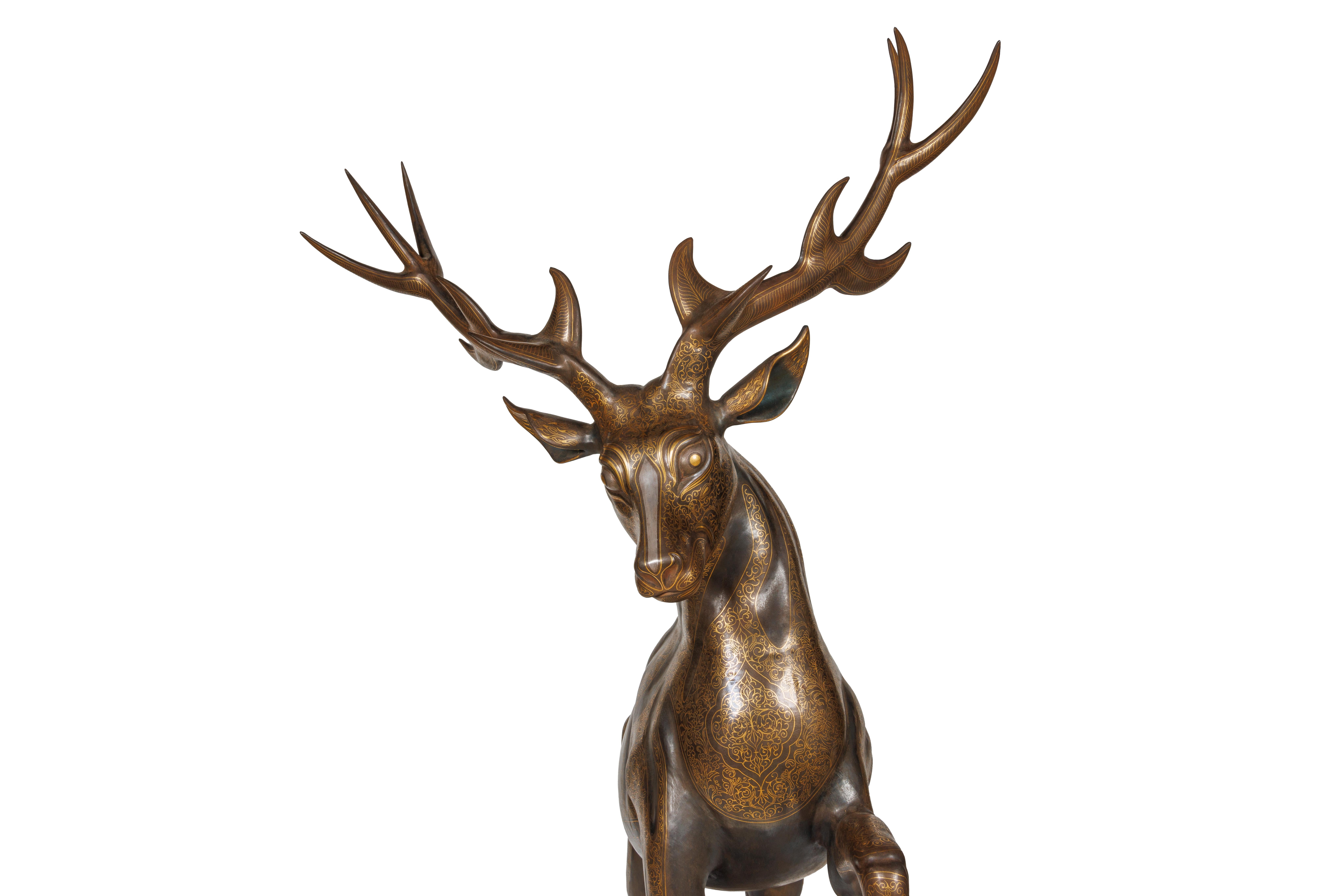 An Exceptional Life-Size Middle Eastern Gold-Inlaid Steel Deer Sculpture For Sale 12