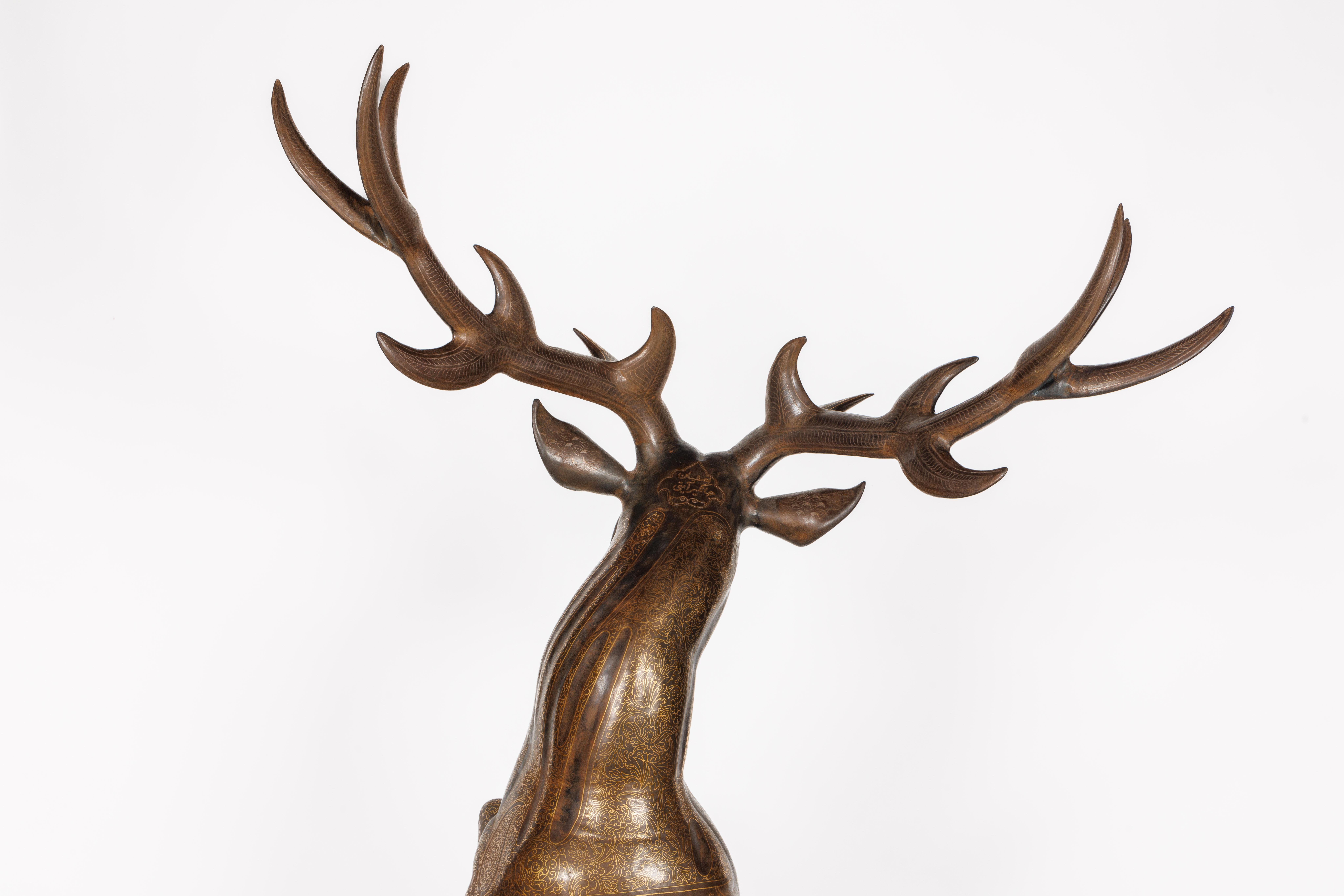 An Exceptional Life-Size Middle Eastern Gold-Inlaid Steel Deer Sculpture For Sale 14
