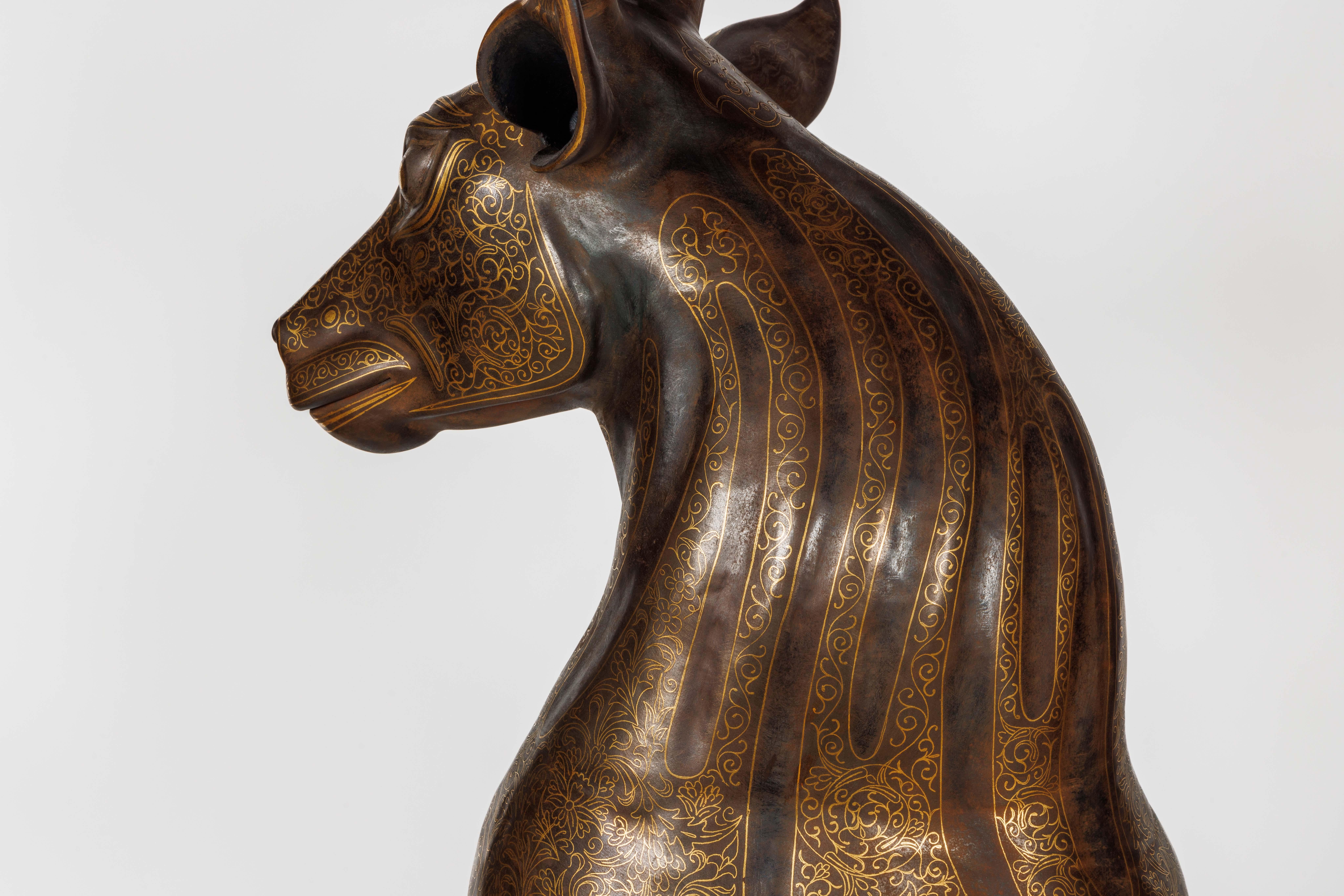 An Exceptional Life-Size Middle Eastern Gold-Inlaid Steel Deer Sculpture For Sale 15