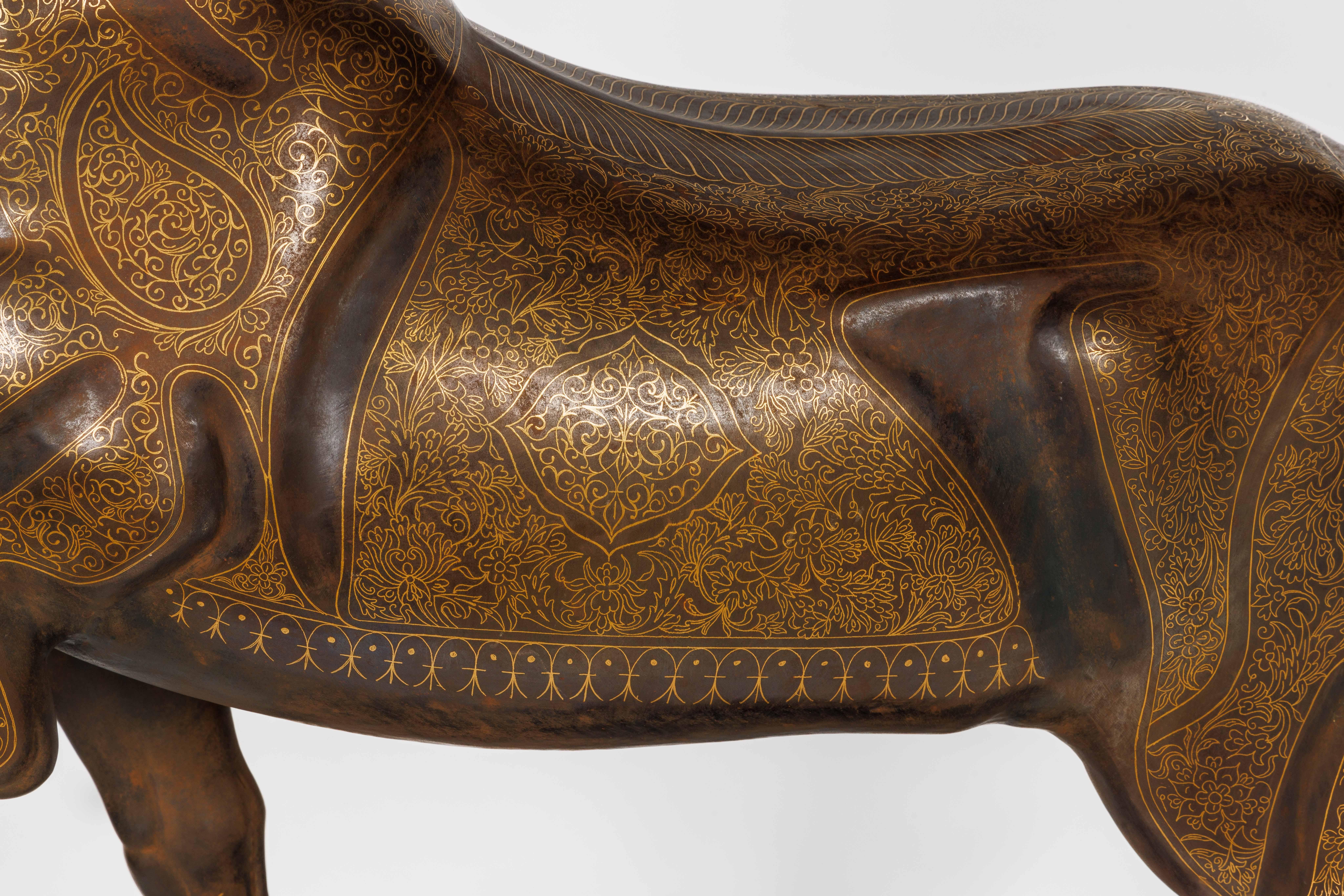 An Exceptional Life-Size Middle Eastern Gold-Inlaid Steel Deer Sculpture In Good Condition For Sale In New York, NY