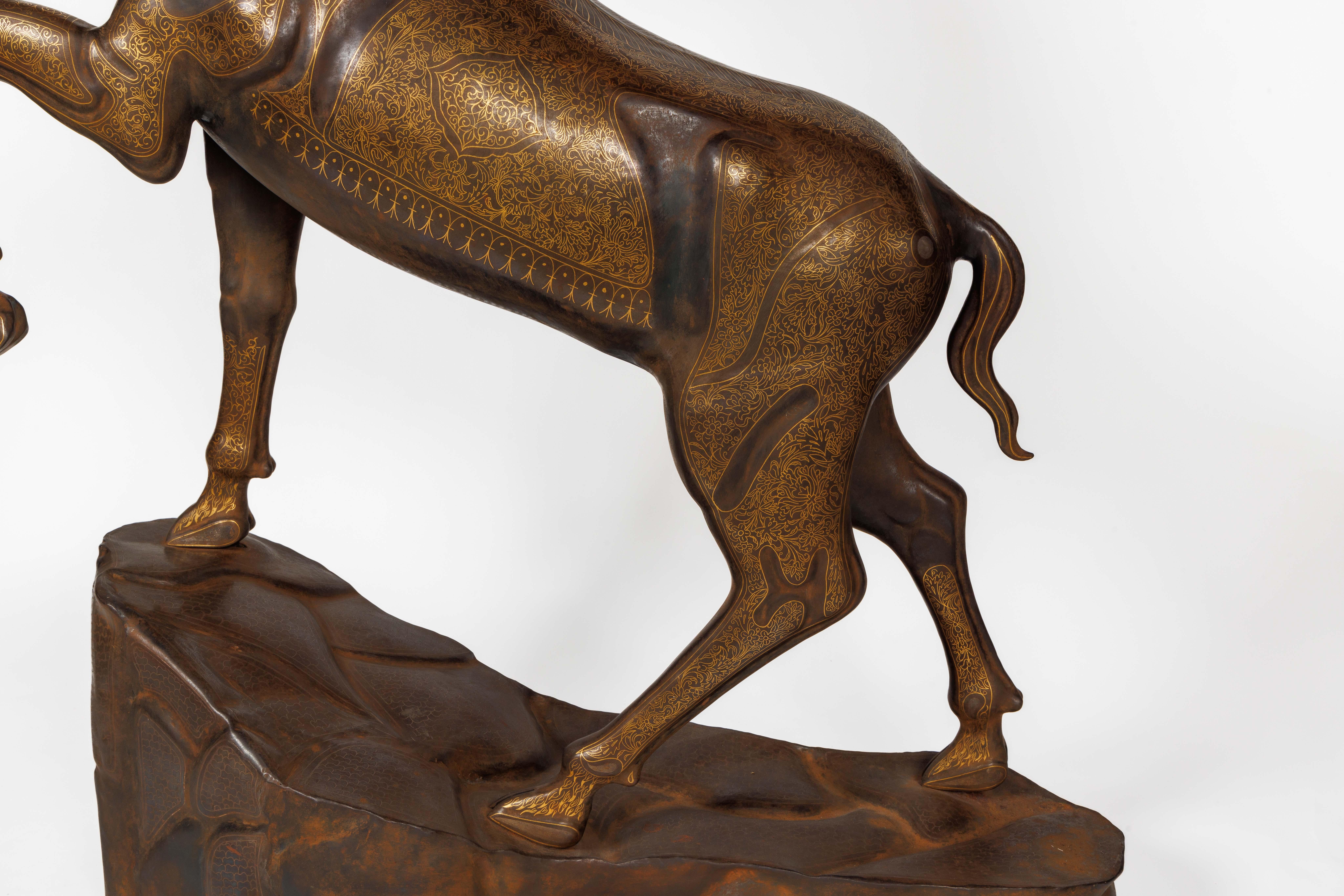 20th Century An Exceptional Life-Size Middle Eastern Gold-Inlaid Steel Deer Sculpture For Sale