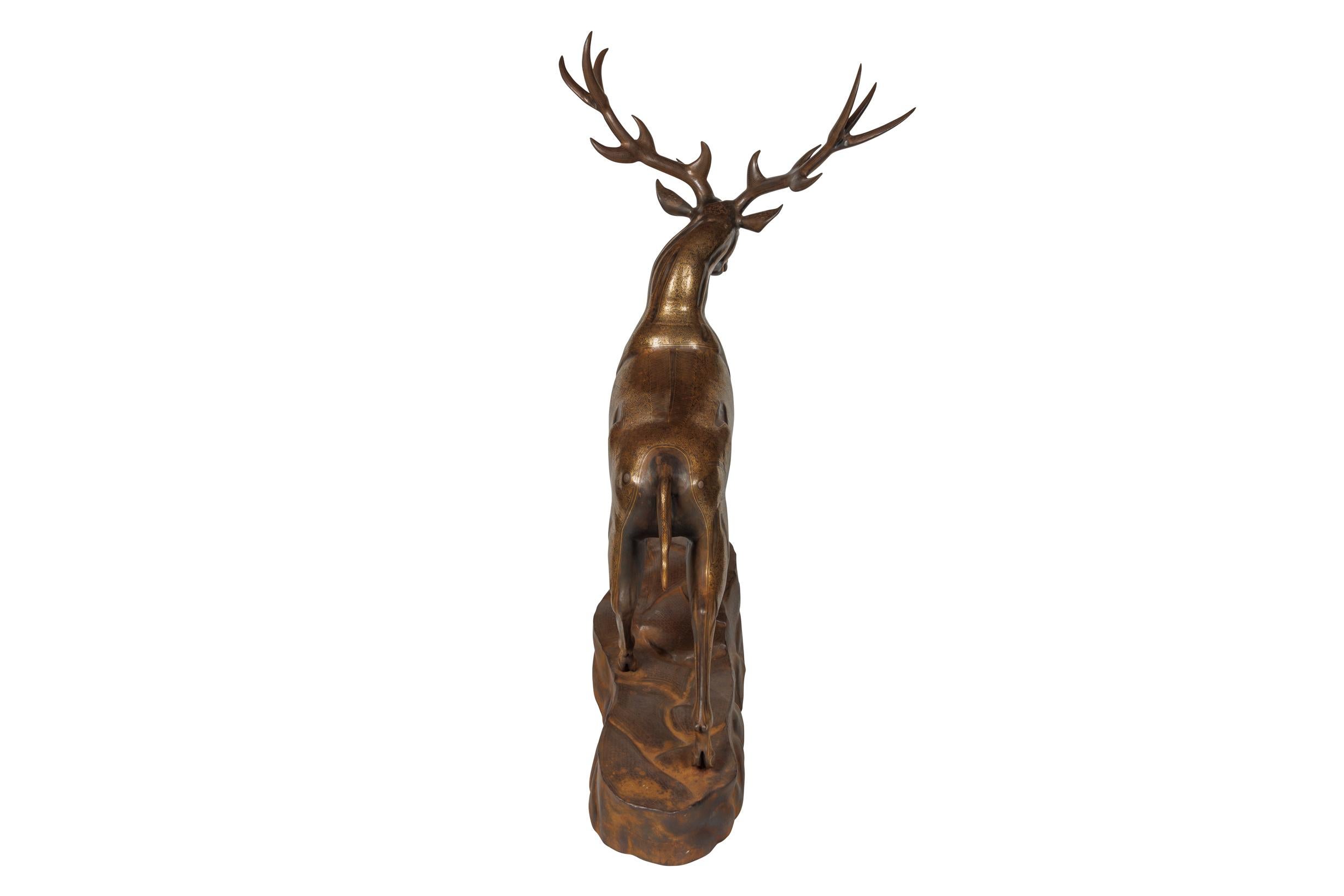 An Exceptional Life-Size Middle Eastern Gold-Inlaid Steel Deer Sculpture For Sale 1