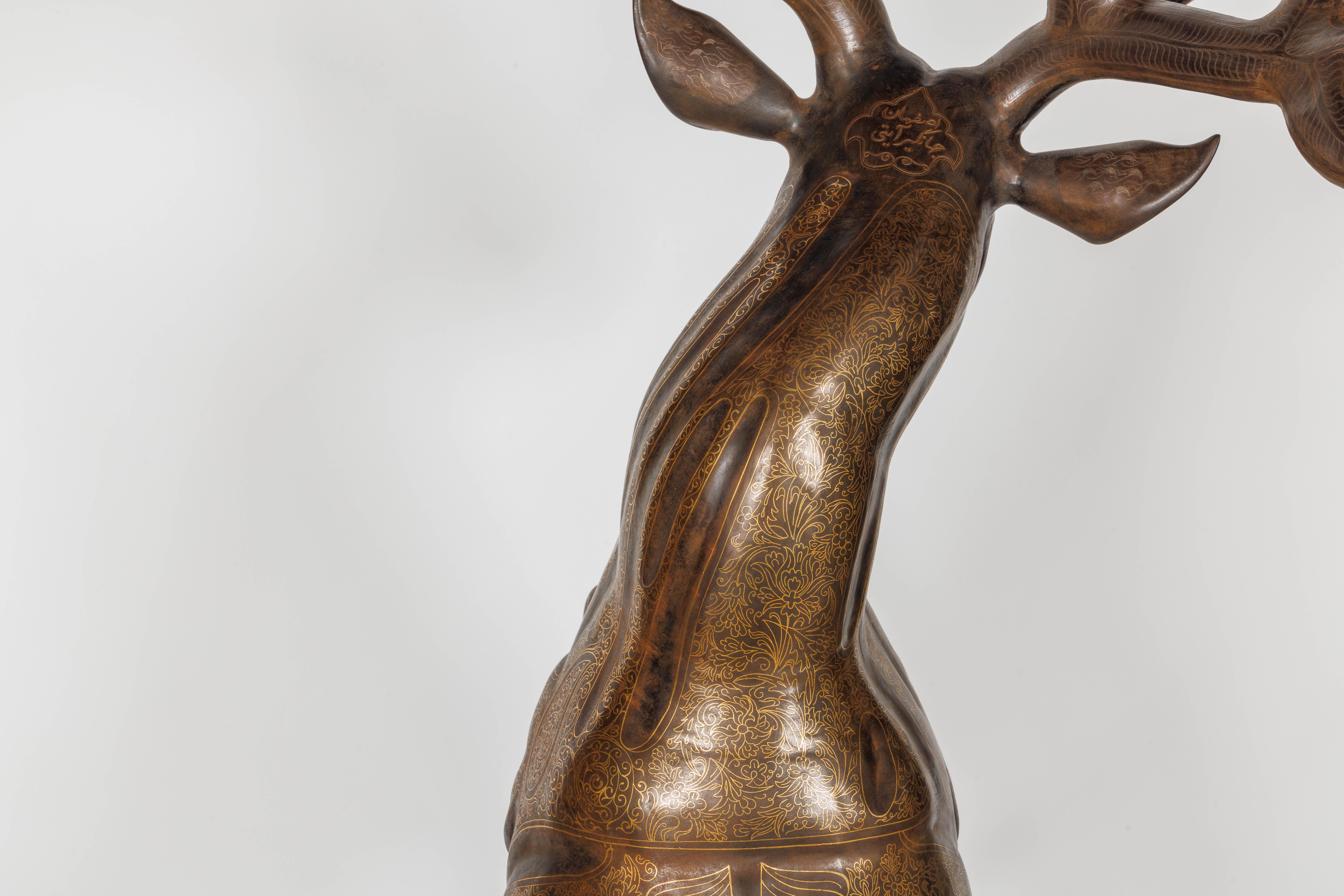 An Exceptional Life-Size Middle Eastern Gold-Inlaid Steel Deer Sculpture For Sale 2