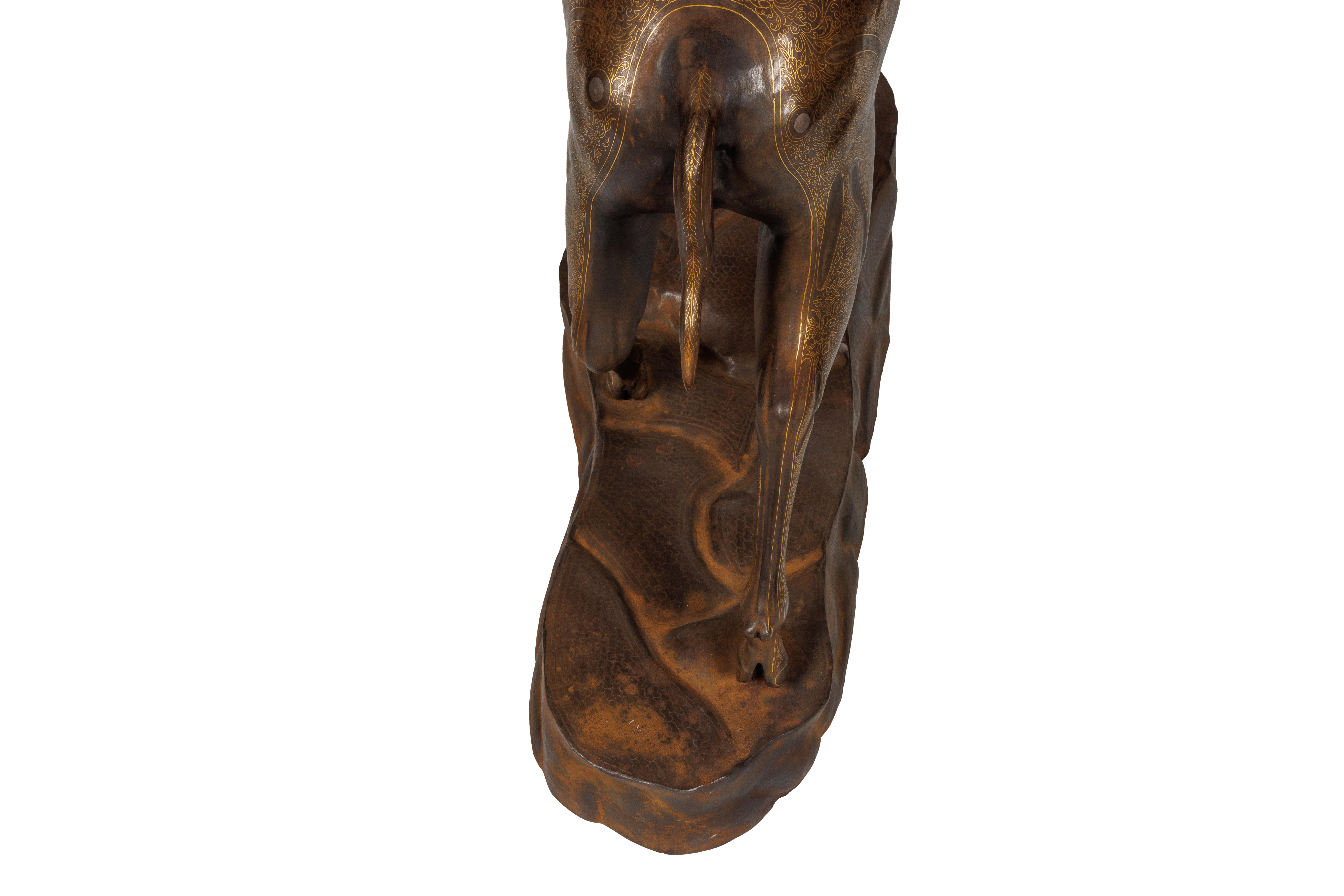 An Exceptional Life-Size Middle Eastern Gold-Inlaid Steel Deer Sculpture For Sale 3