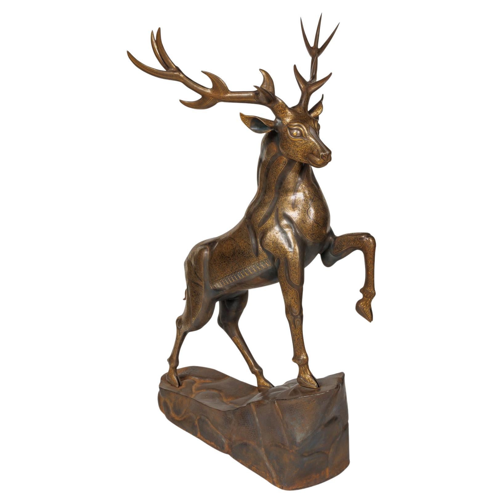 An Exceptional Life-Size Middle Eastern Gold-Inlaid Steel Deer Sculpture For Sale