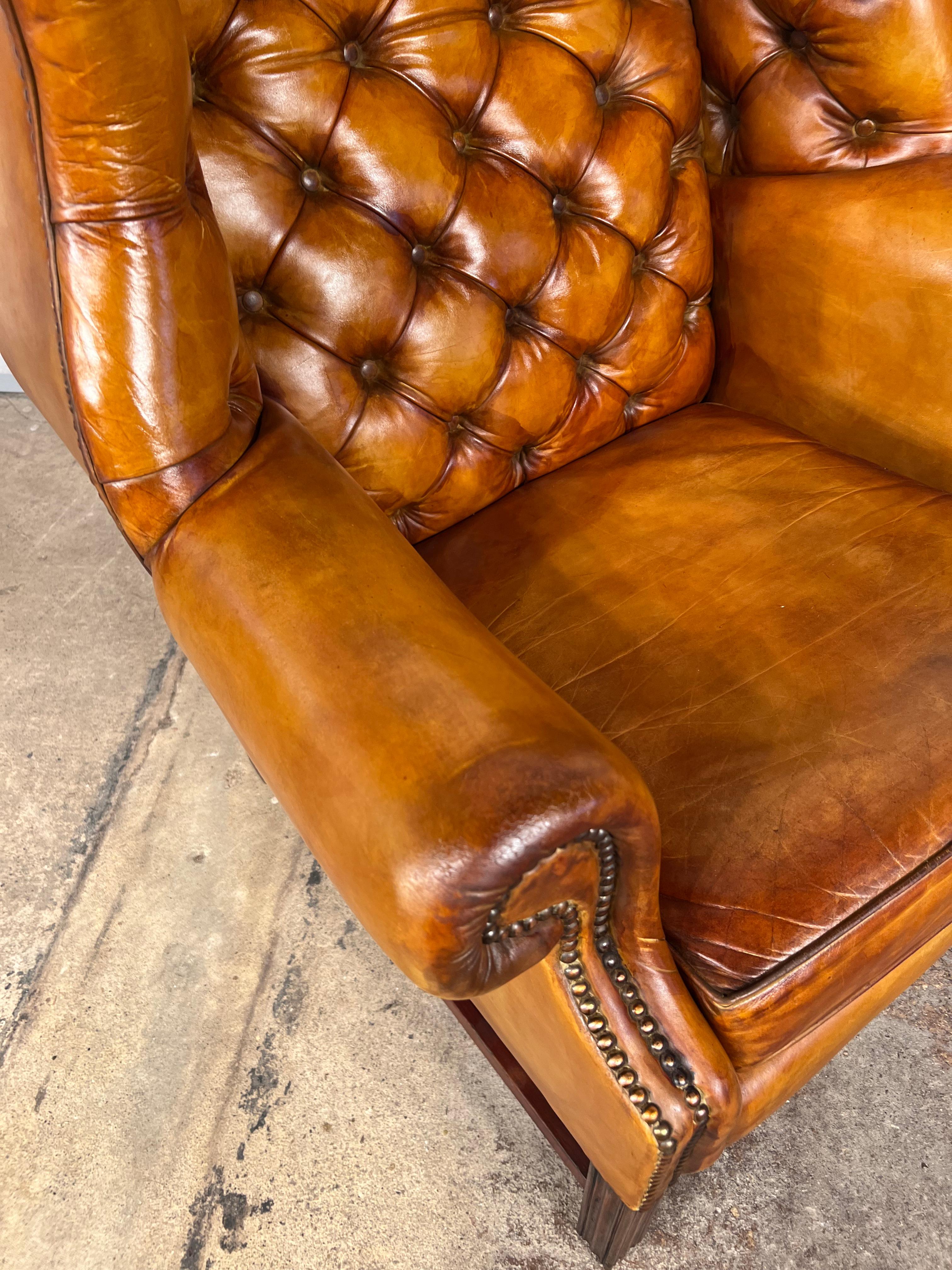 20th Century Exceptional Mid C Wide Back Leather Wing Back Chair Chesterfield Light Tan #500