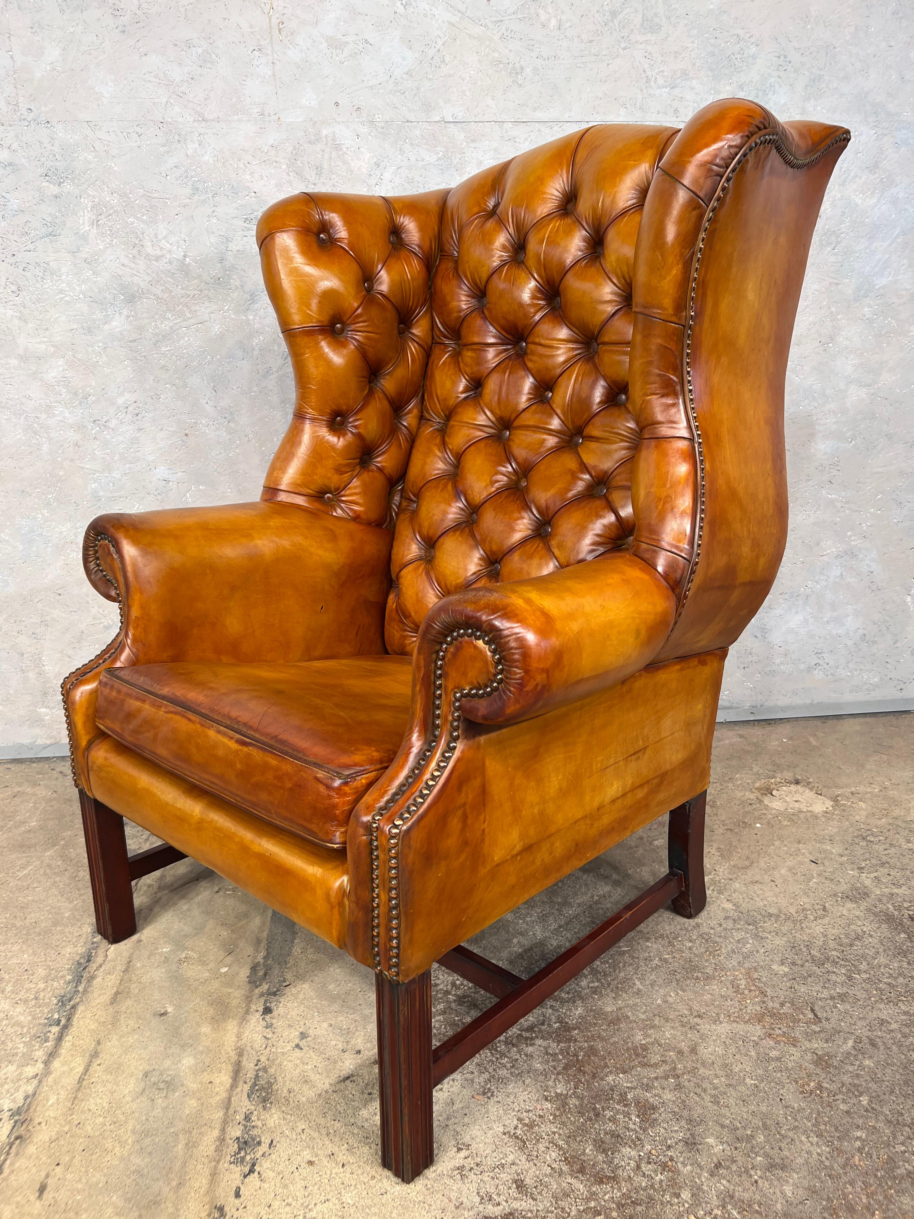 Exceptional Mid C Wide Back Leather Wing Back Chair Chesterfield Light Tan #500 2