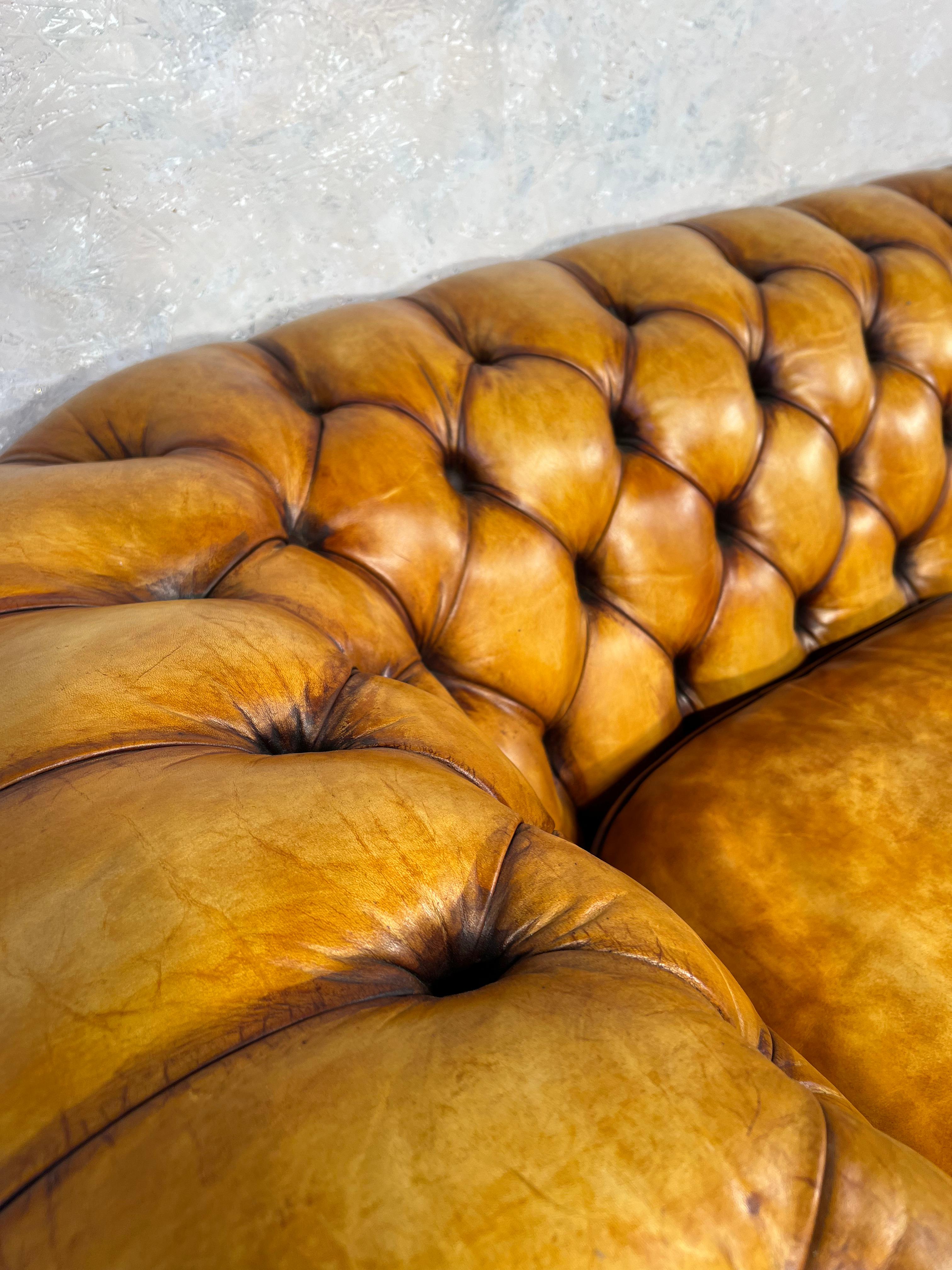 Exceptional Mid-Century Tan Leather Chesterfield Sofa Hand Dyed #249 1