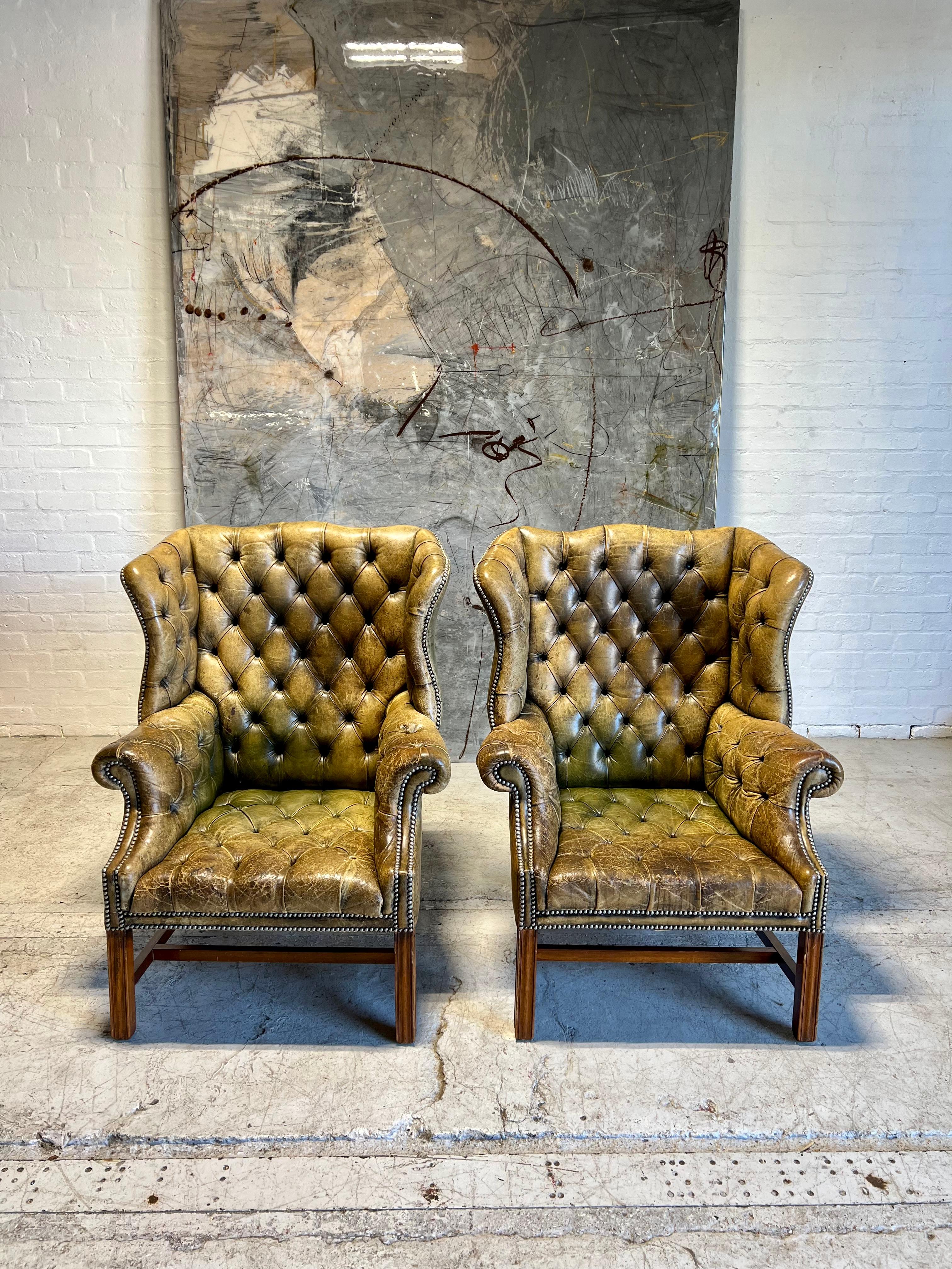 Exceptional Pair of MidC Chesterfield Wing Back Chairs in Original Leather In Good Condition For Sale In London, GB