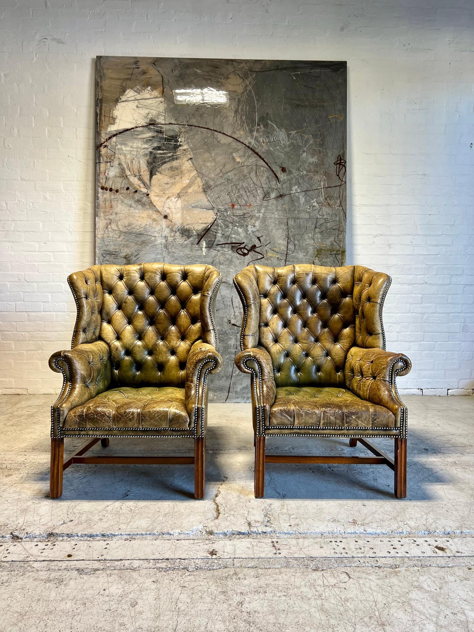 20th Century Exceptional Pair of MidC Chesterfield Wing Back Chairs in Original Leather For Sale