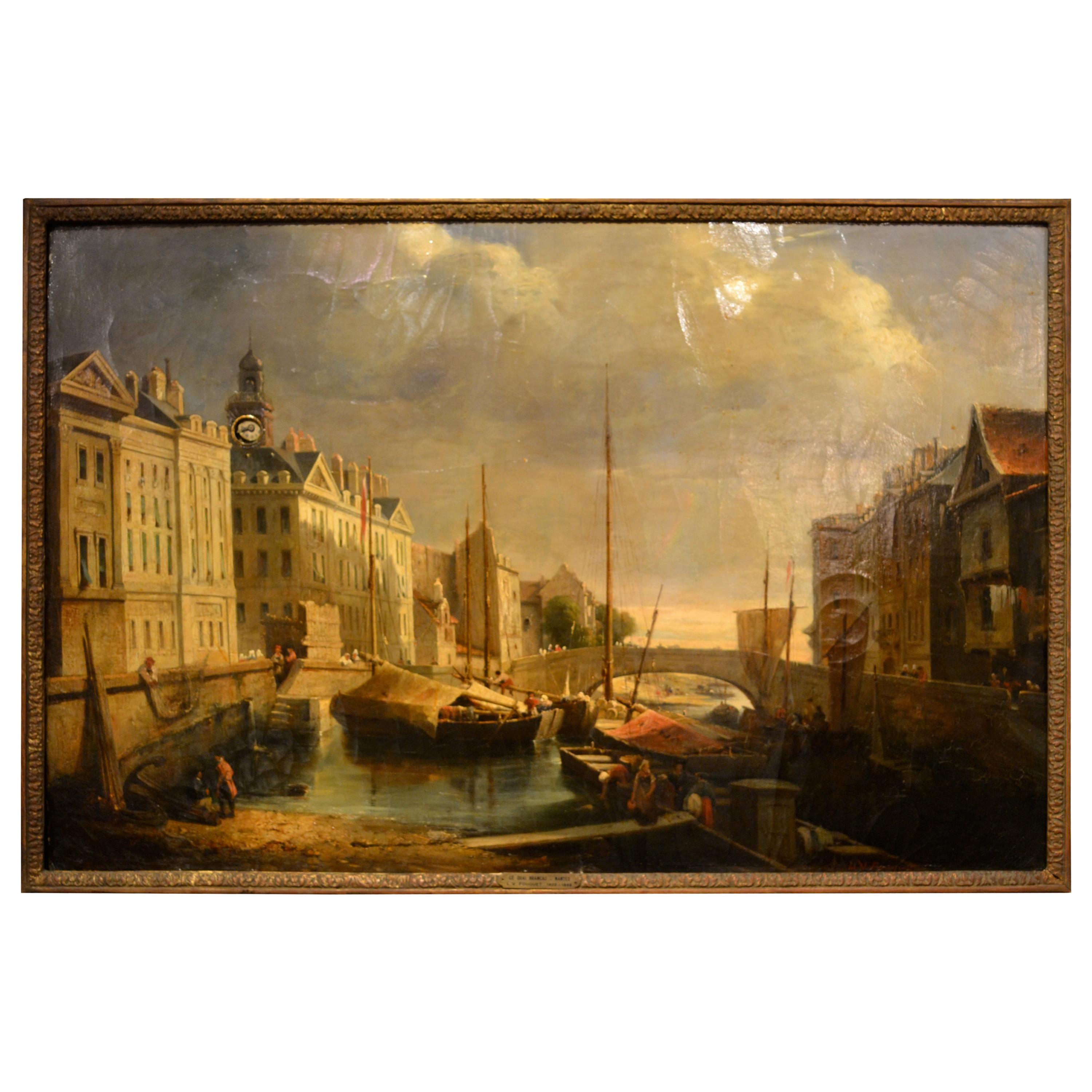 A rare complicated music clock behind a fine oil on canvas painting of the Quai De Brancas In Nantes, France. The painting of the Quai at Brancas on the River Loire at Nantes was executed by a relatively obscure but obviously talented French artist