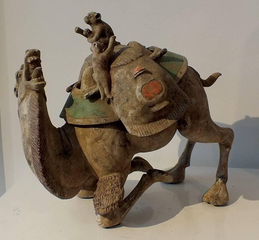 Chinese Exceptional Painted Pottery Figural Group of a Bactrian Camel