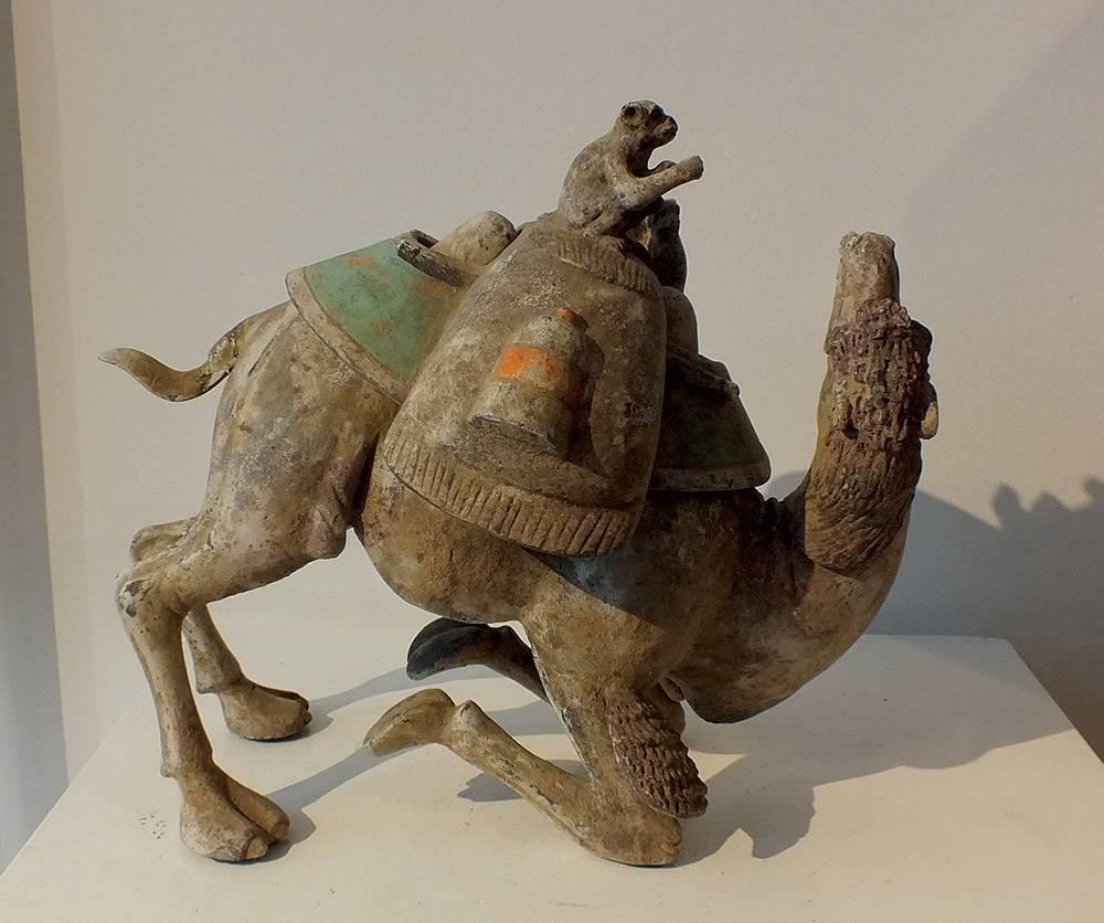 Fired Exceptional Painted Pottery Figural Group of a Bactrian Camel