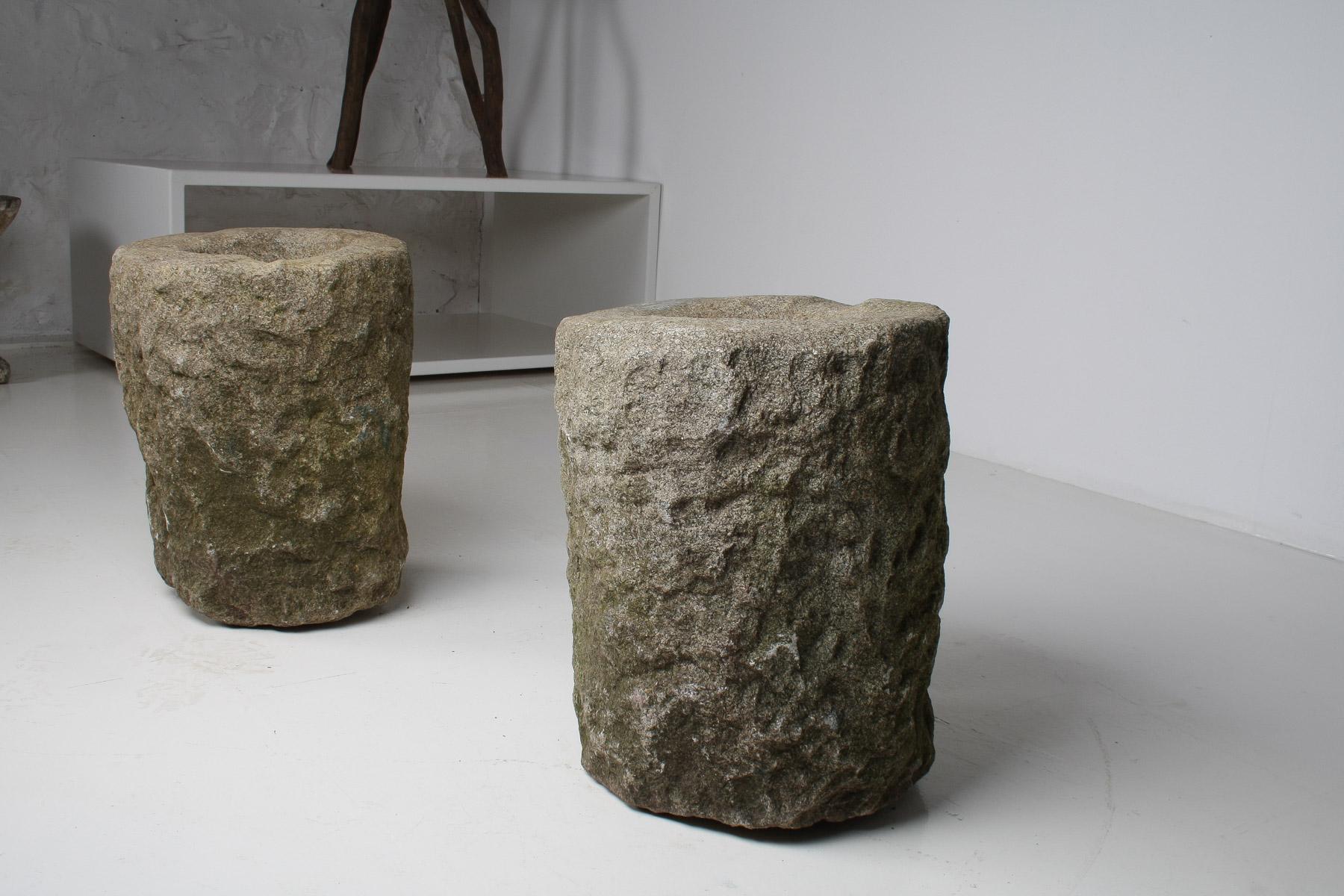 Exceptionnelle paire de jardinières Wabi Sabi primitives du 19ème siècle en pierre sculptée en vente 9