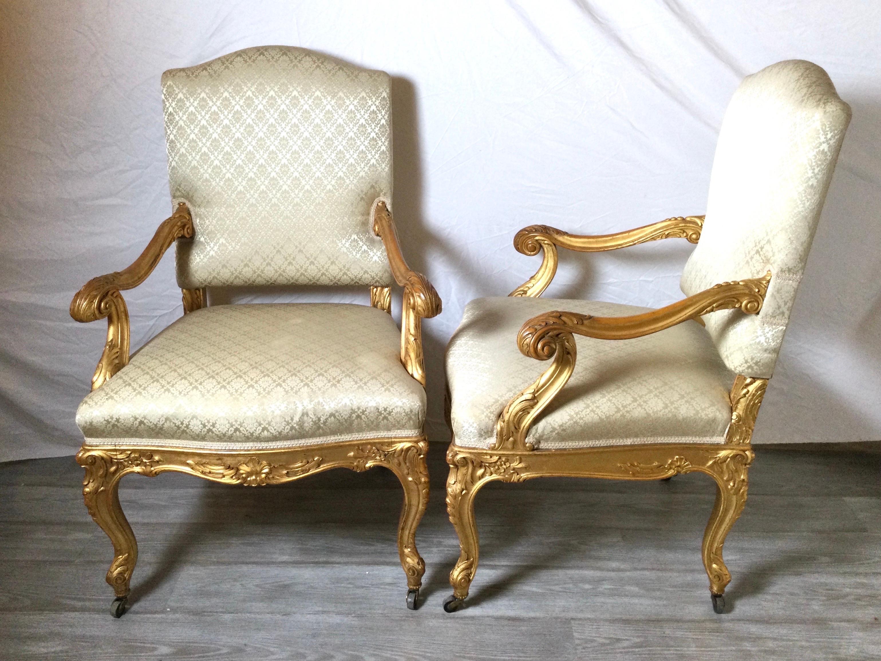Gilt Exceptional Pair of Antique French Fauteuil Chairs