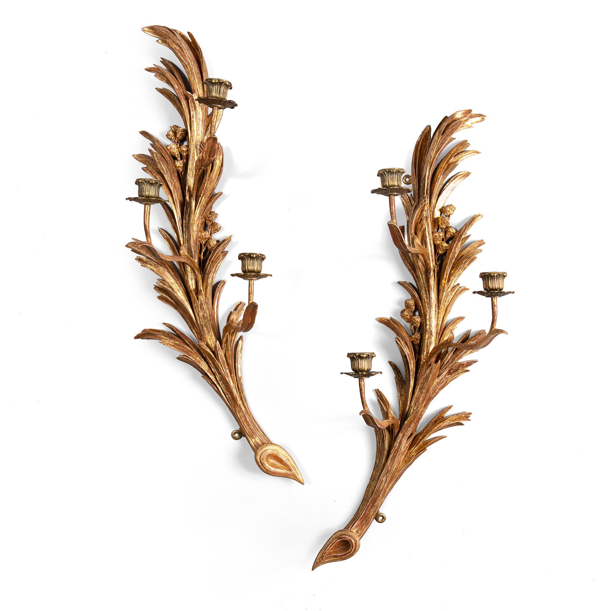 George III Exceptional Pair of Carved Giltwood Wall Sconces For Sale