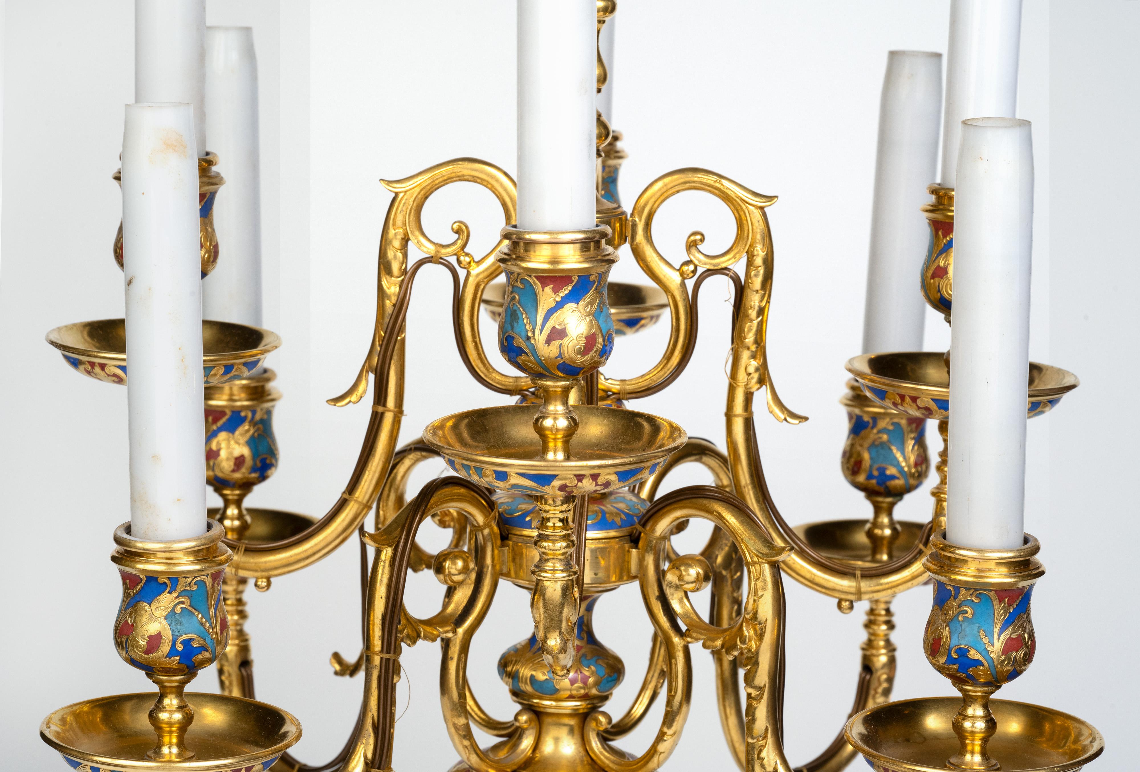 Une paire exceptionnelle de candélabres en émail champlevé et bronze doré de Sevin & Barbedienne en vente 3