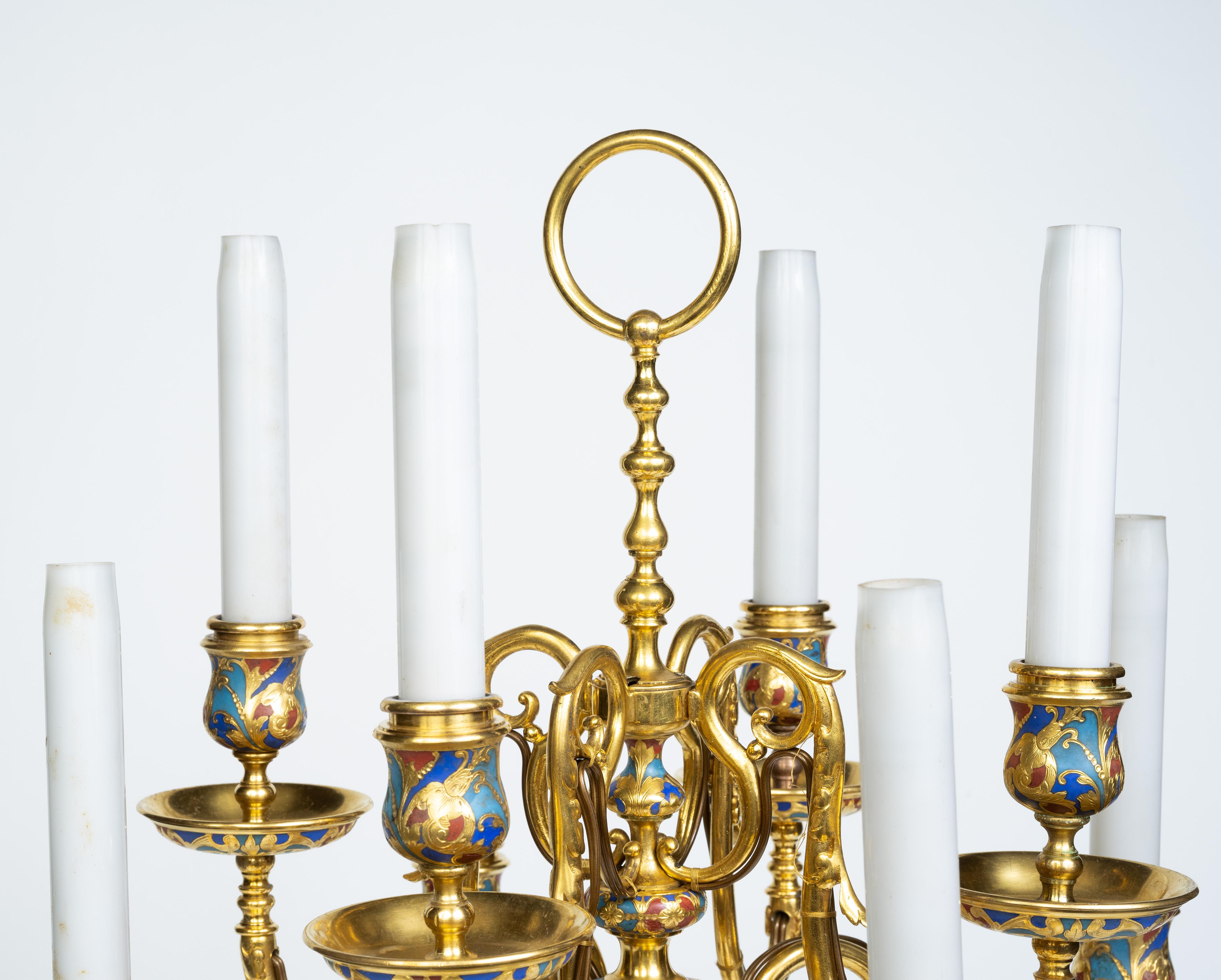 Une paire exceptionnelle de candélabres en émail champlevé et bronze doré de Sevin & Barbedienne en vente 4