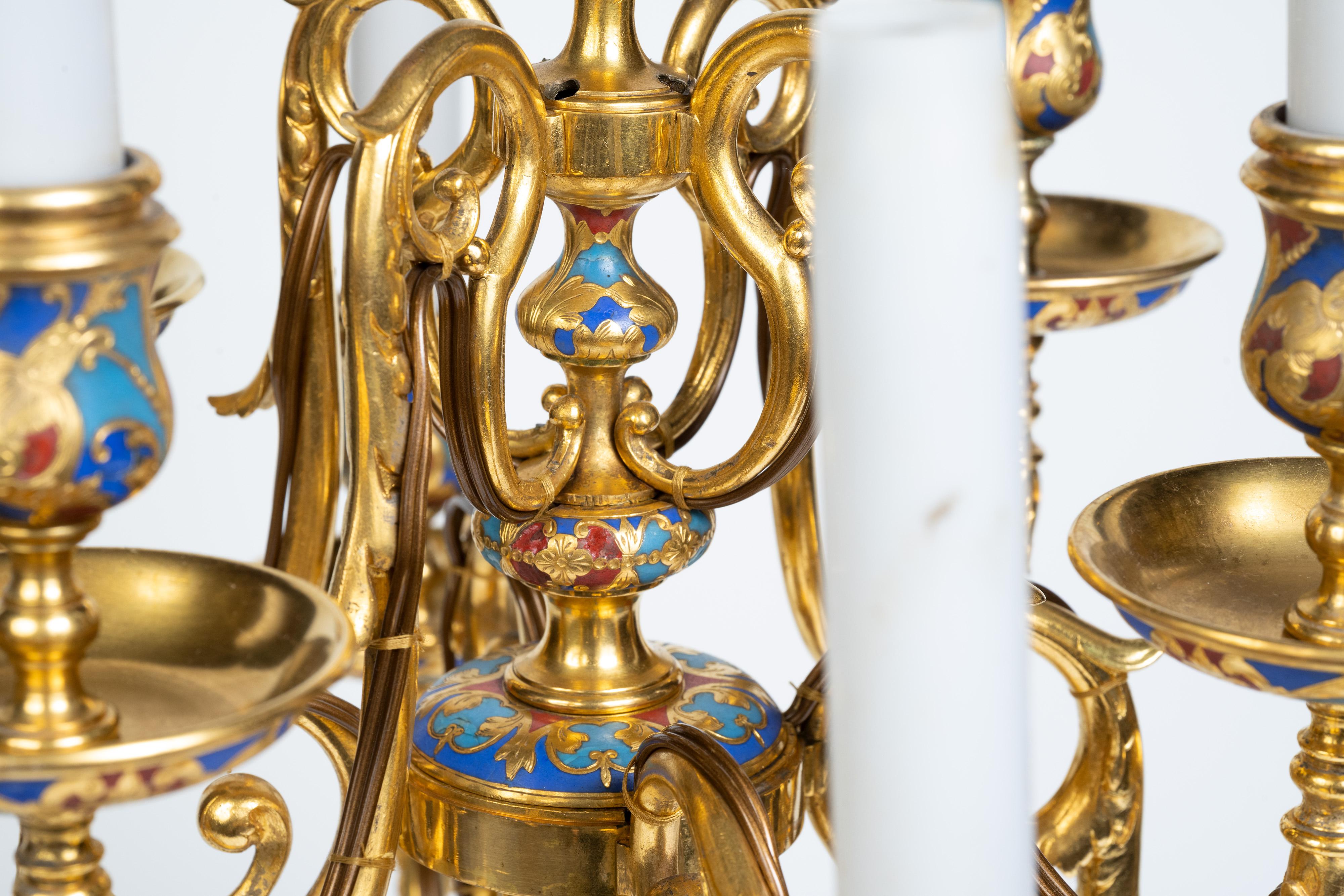 Une paire exceptionnelle de candélabres en émail champlevé et bronze doré de Sevin & Barbedienne en vente 5
