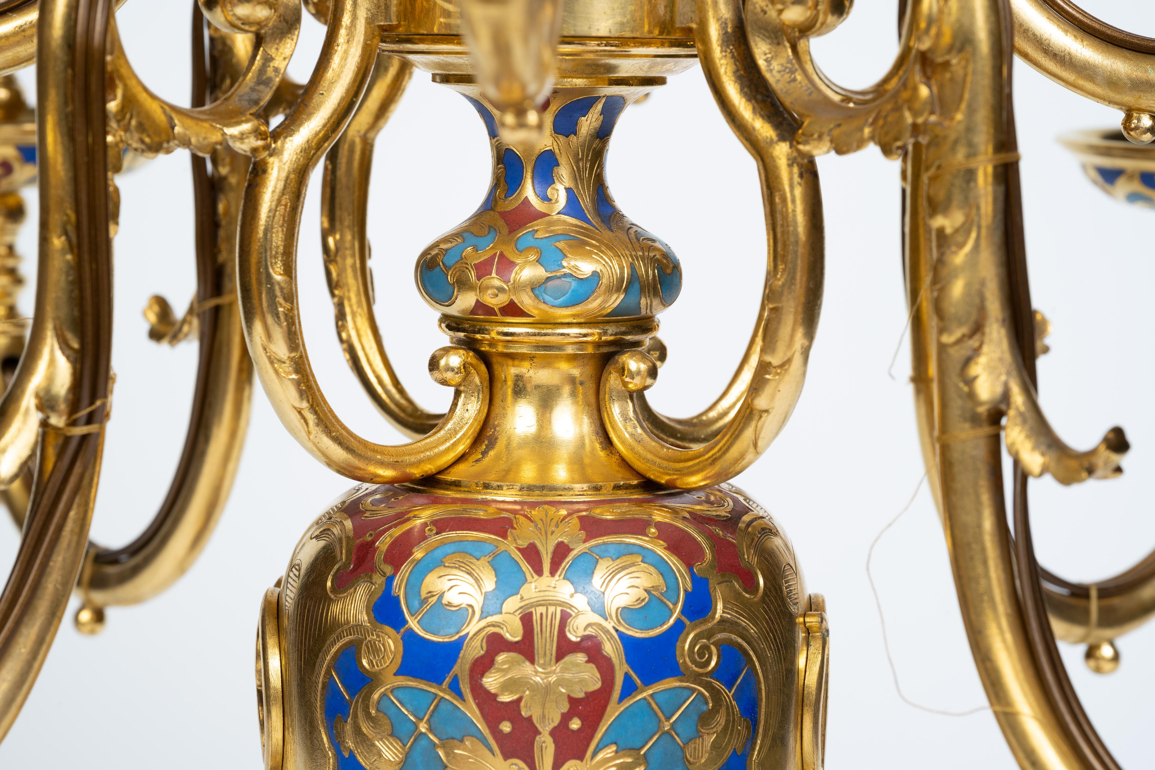 Une paire exceptionnelle de candélabres en émail champlevé et bronze doré de Sevin & Barbedienne en vente 6