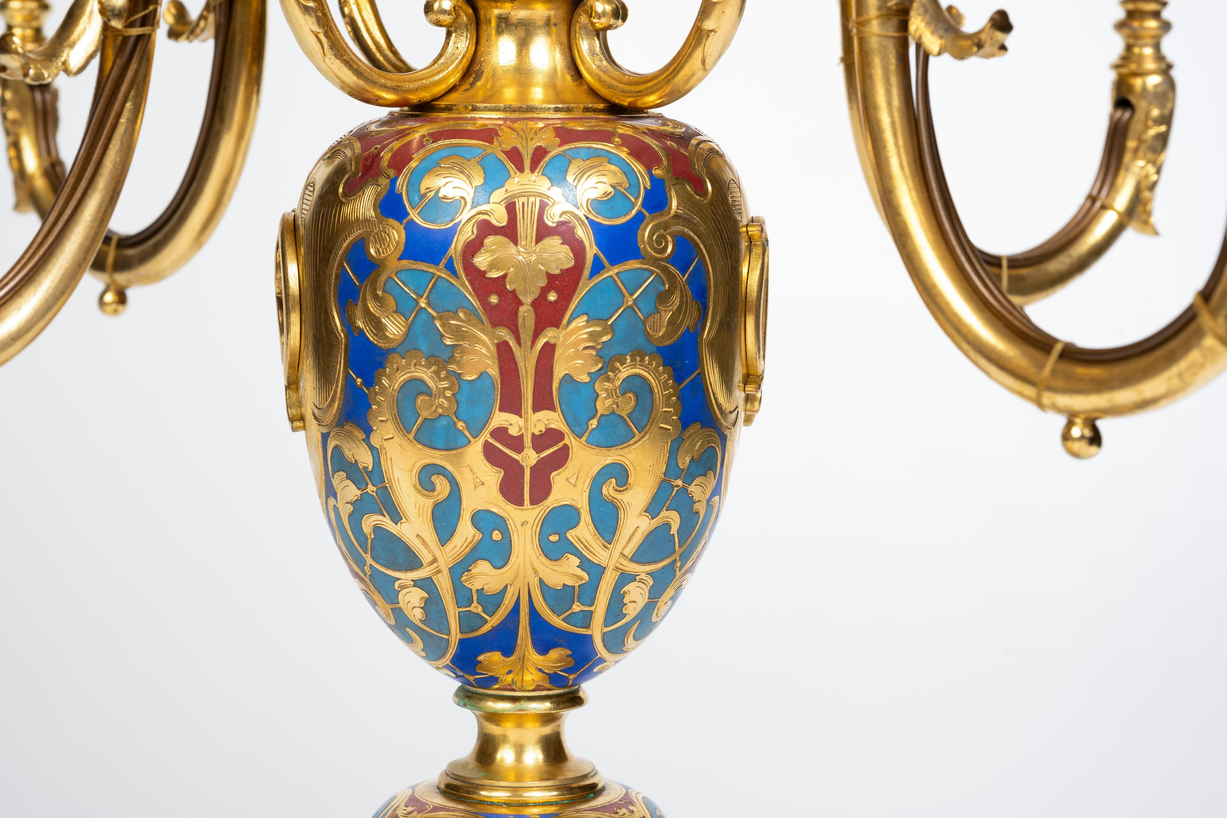 An Exceptional Pair of Champleve Enamel Ormolu Candelabra by Sevin & Barbedienne For Sale 7
