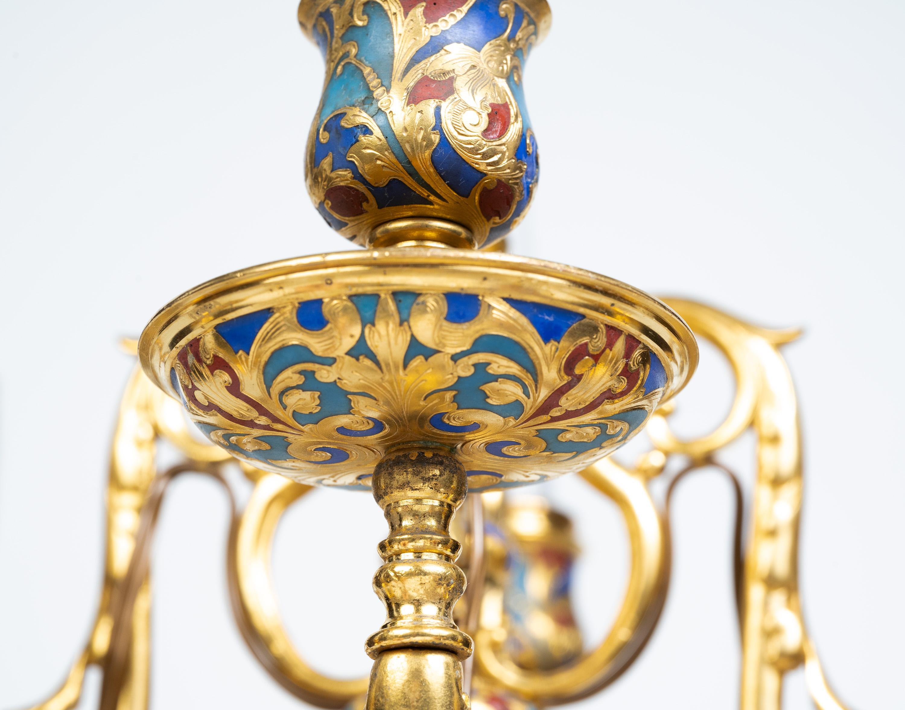 Une paire exceptionnelle de candélabres en émail champlevé et bronze doré de Sevin & Barbedienne en vente 8