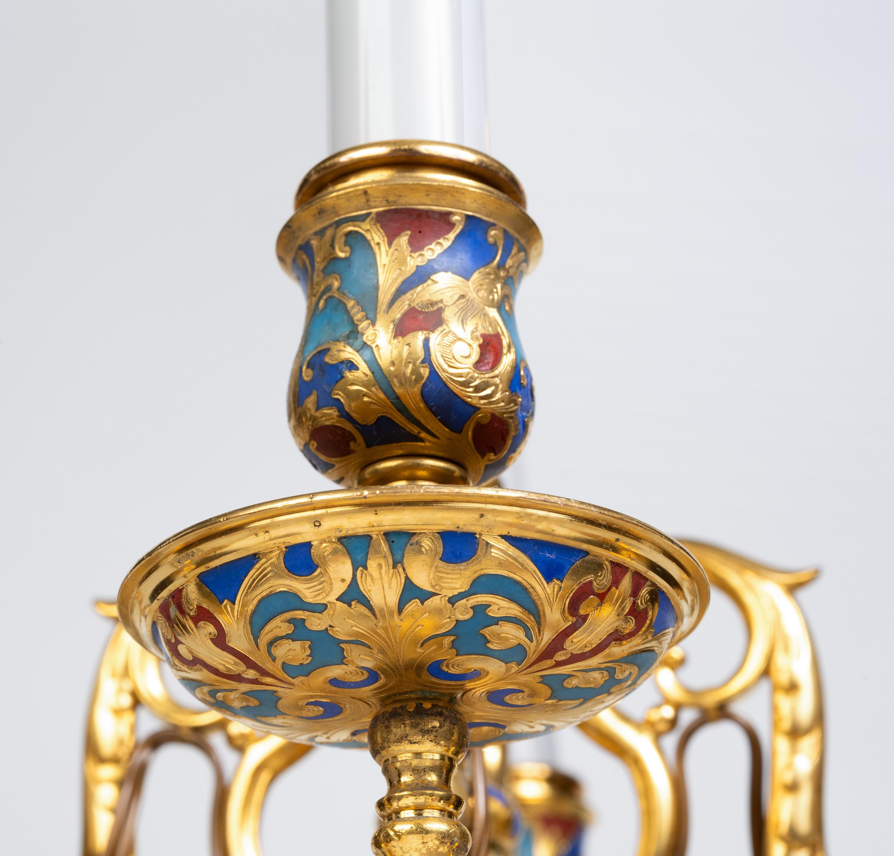 Une paire exceptionnelle de candélabres en émail champlevé et bronze doré de Sevin & Barbedienne en vente 9
