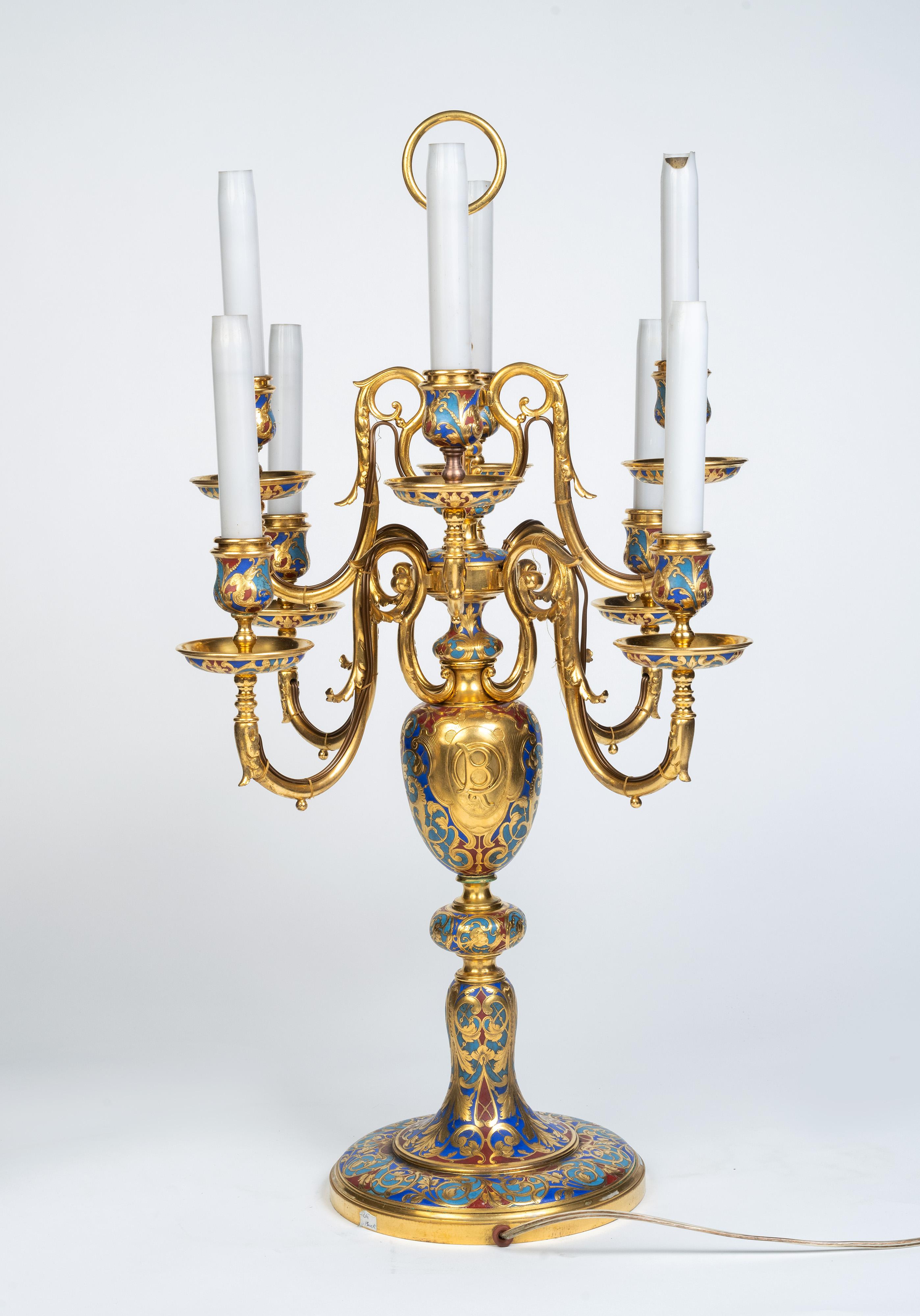 French An Exceptional Pair of Champleve Enamel Ormolu Candelabra by Sevin & Barbedienne For Sale